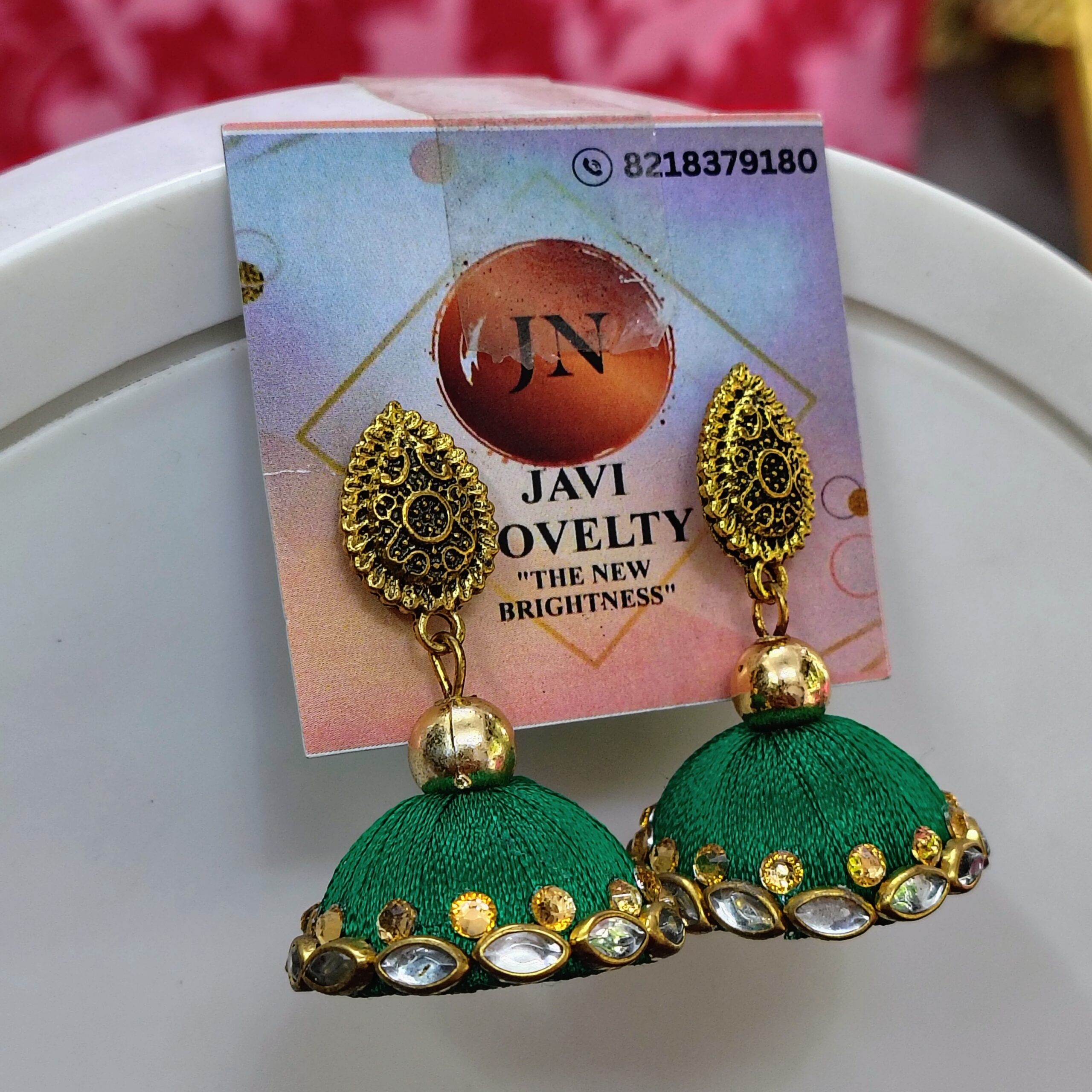 Green Silk Thread Jhumka Earrings with Golden Embellishments – Traditional Ethnic Jewelry by Javi Novelty, handmade Bareilly Wale jhumke - Image 8