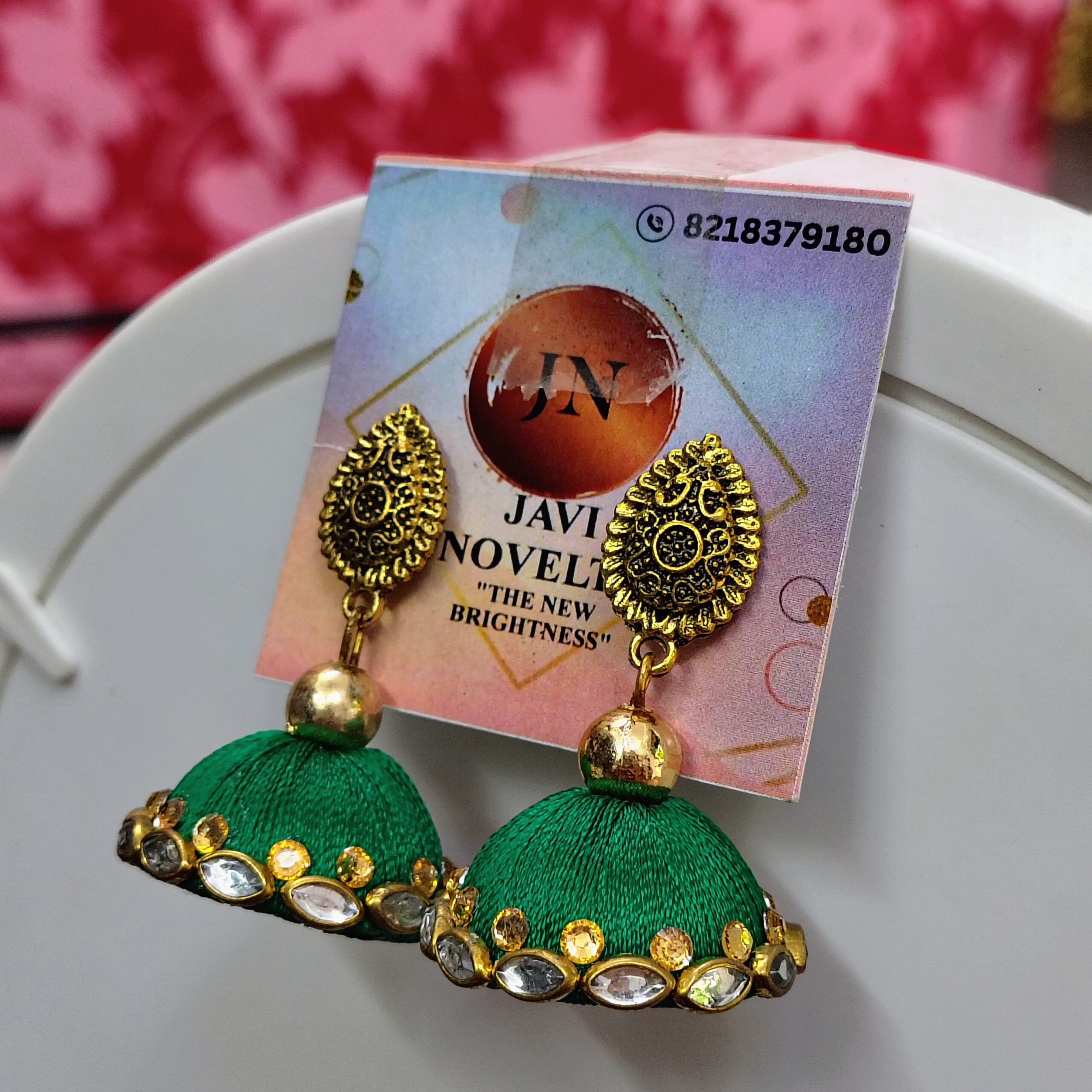 Green Silk Thread Jhumka Earrings with Golden Embellishments – Traditional Ethnic Jewelry by Javi Novelty, handmade Bareilly Wale jhumke - Image 6