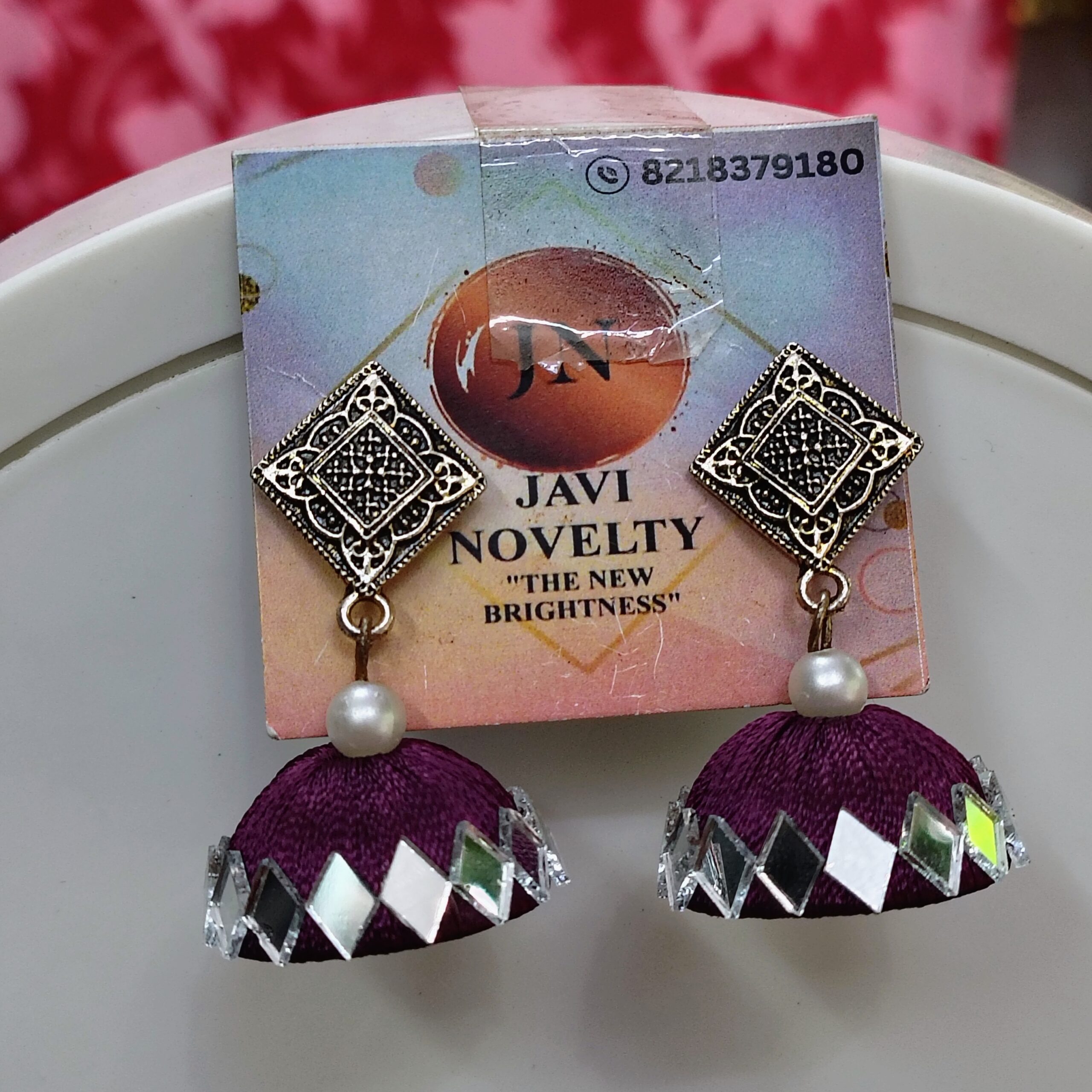 Powder Blue shade Silk Thread Jhumka Earrings with Antique Silver Tops – Mirror Work Ethnic Jewelry by Javi Novelty, handmade Bareilly Wale jhumke - Image 5