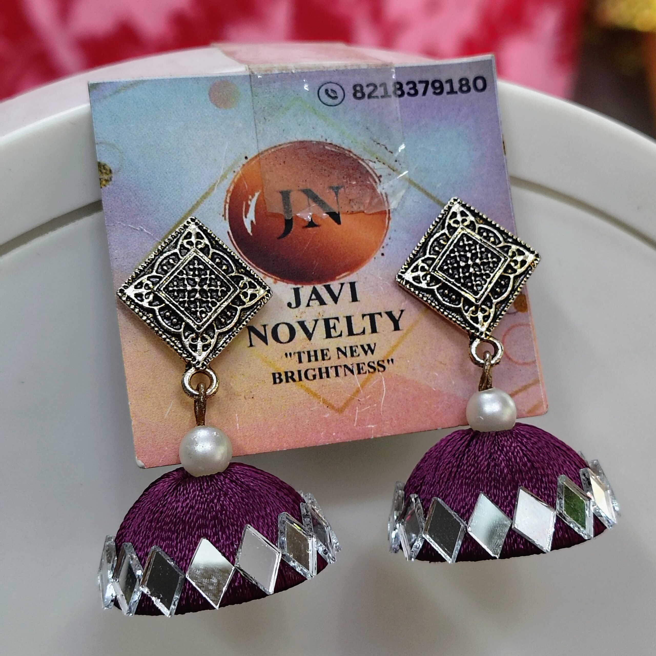 Powder Blue shade Silk Thread Jhumka Earrings with Antique Silver Tops – Mirror Work Ethnic Jewelry by Javi Novelty, handmade Bareilly Wale jhumke