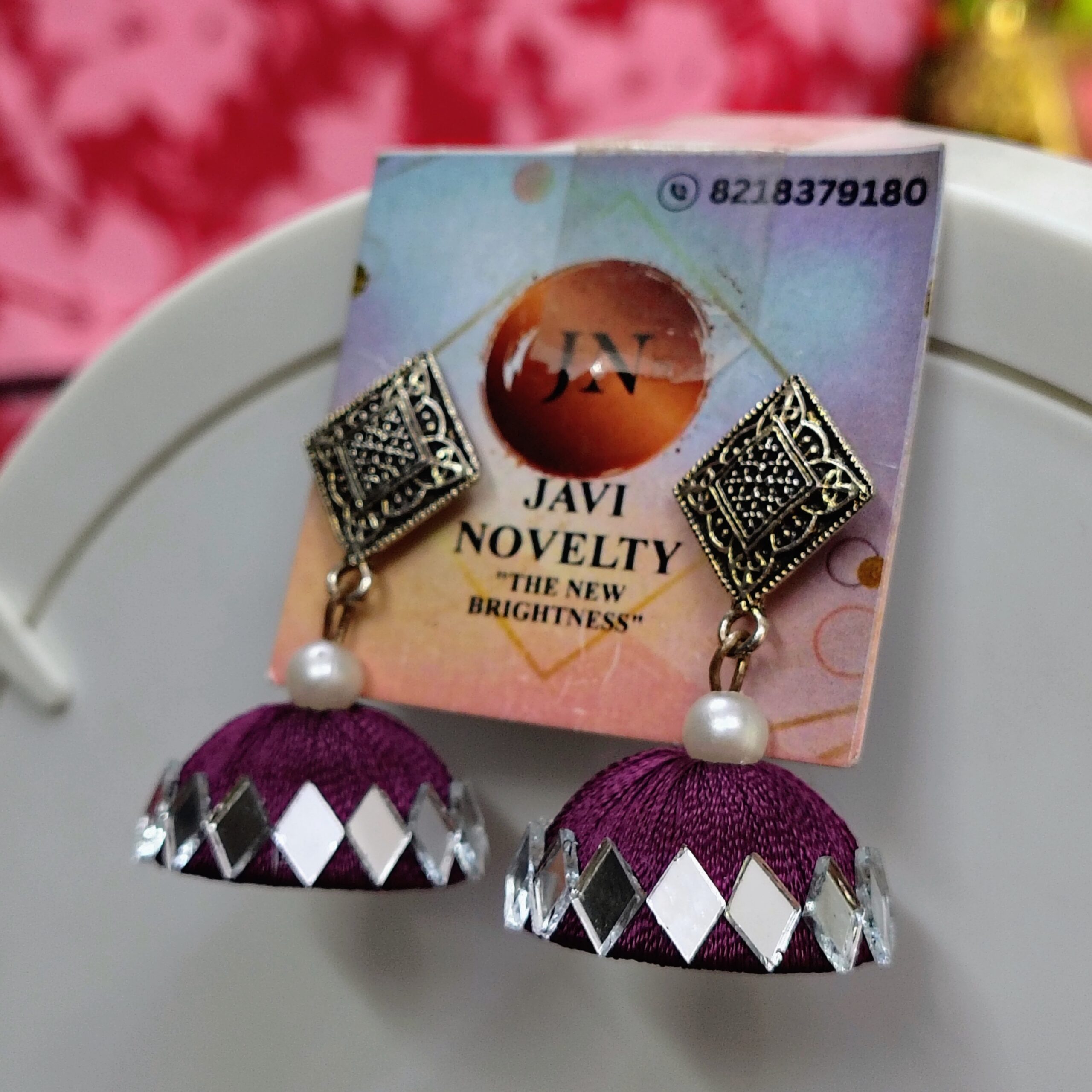 Powder Blue shade Silk Thread Jhumka Earrings with Antique Silver Tops – Mirror Work Ethnic Jewelry by Javi Novelty, handmade Bareilly Wale jhumke - Image 3