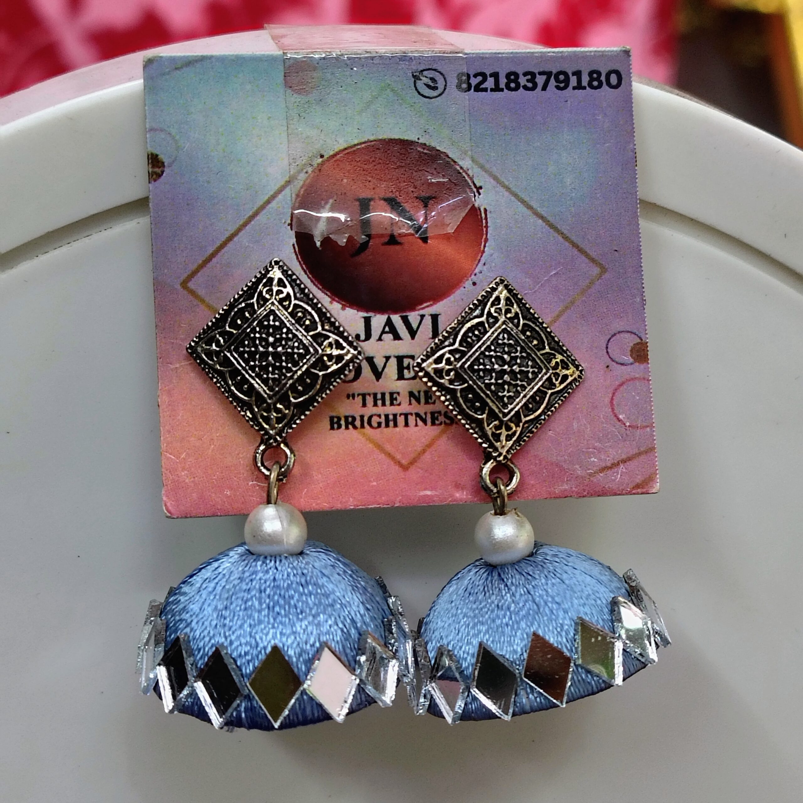 Powder Blue shade Silk Thread Jhumka Earrings with Antique Silver Tops – Mirror Work Ethnic Jewelry by Javi Novelty, handmade Bareilly Wale jhumke - Image 4