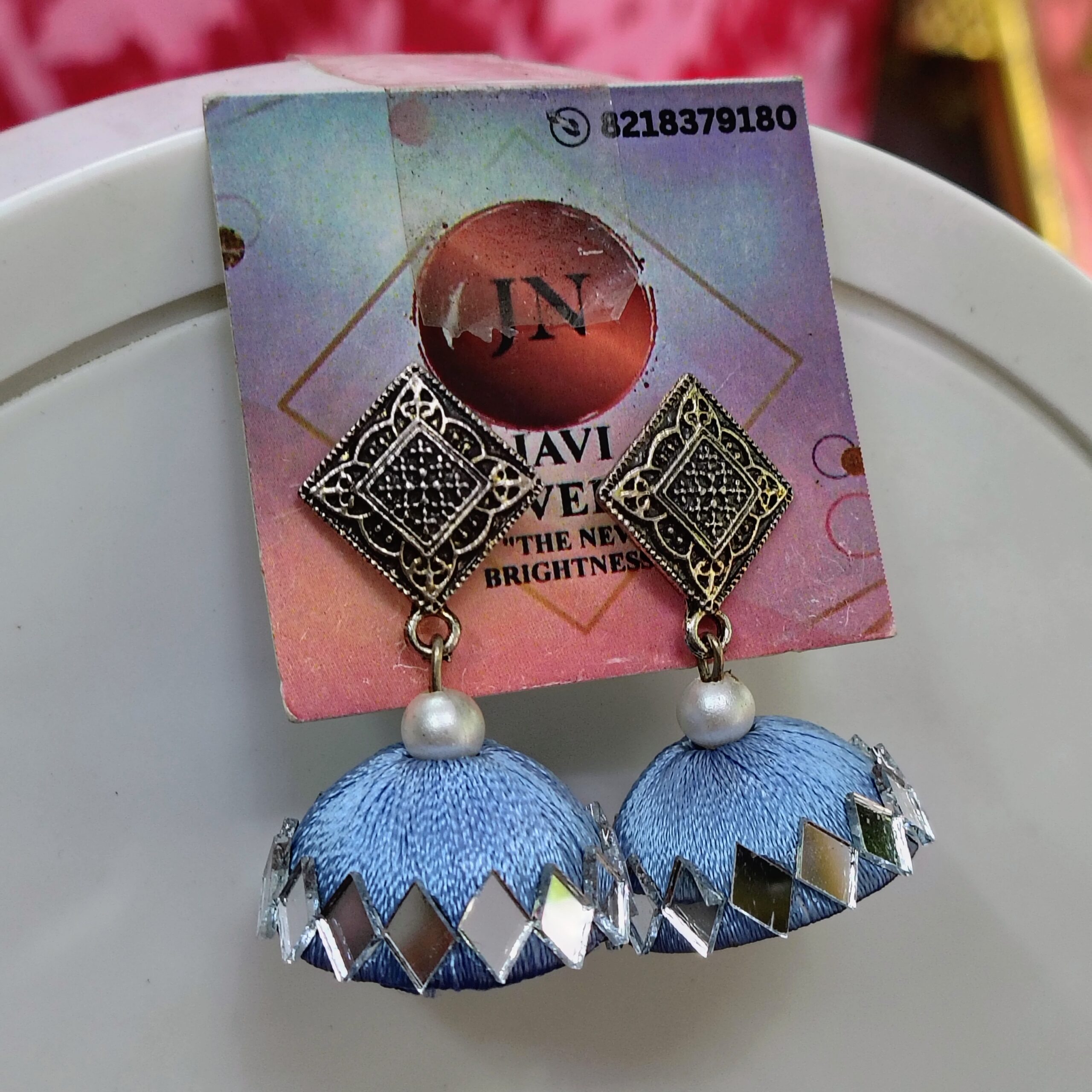 Powder Blue shade Silk Thread Jhumka Earrings with Antique Silver Tops – Mirror Work Ethnic Jewelry by Javi Novelty, handmade Bareilly Wale jhumke - Image 6