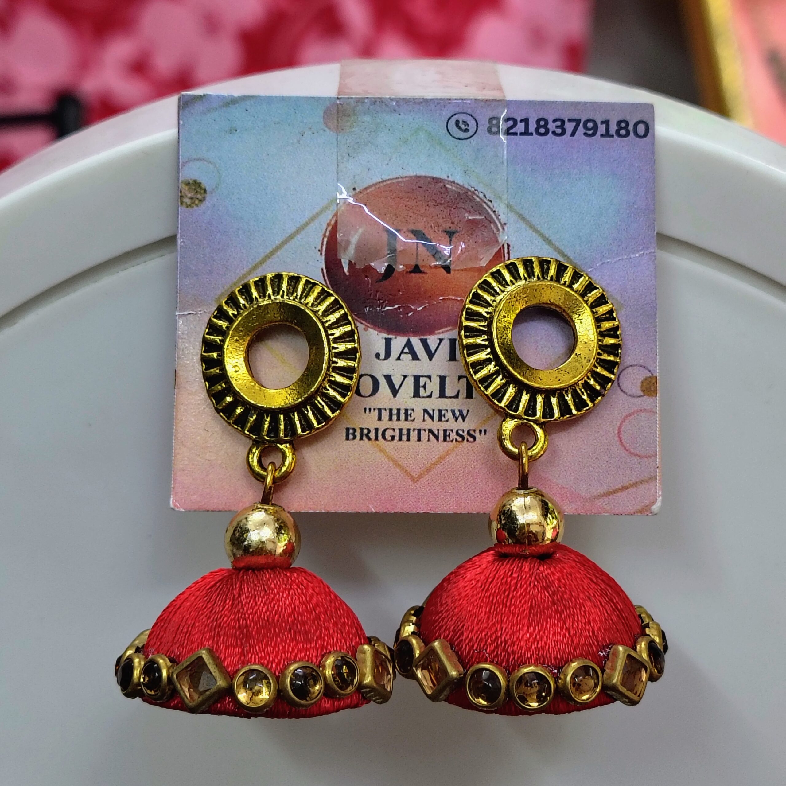 Red Silk Thread Jhumka Earrings with Gold Finish – Traditional Ethnic Jewelry by Javi Novelty, handmade Bareilly Wale jhumke - Image 5