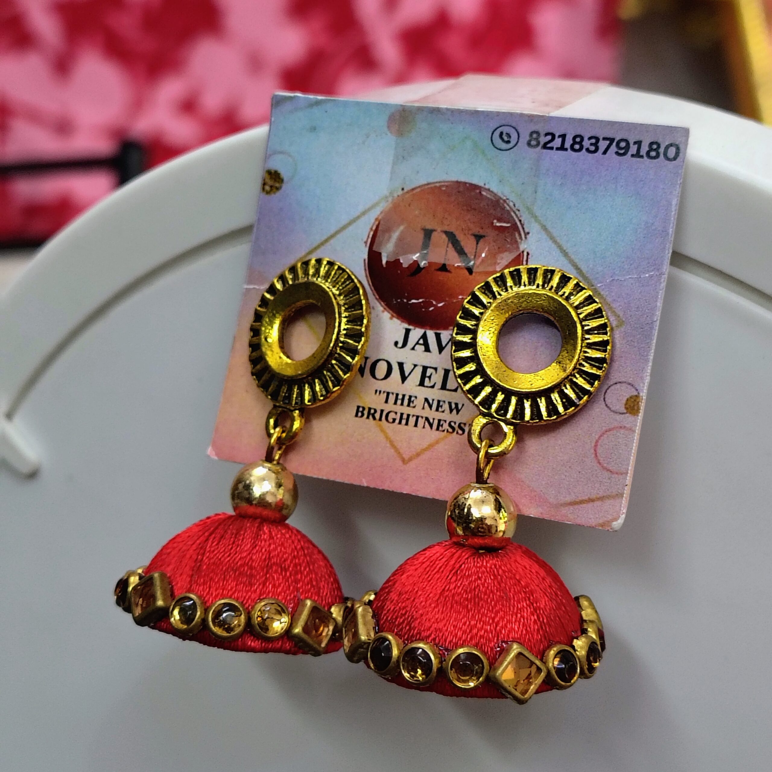 Red Silk Thread Jhumka Earrings with Gold Finish – Traditional Ethnic Jewelry by Javi Novelty, handmade Bareilly Wale jhumke