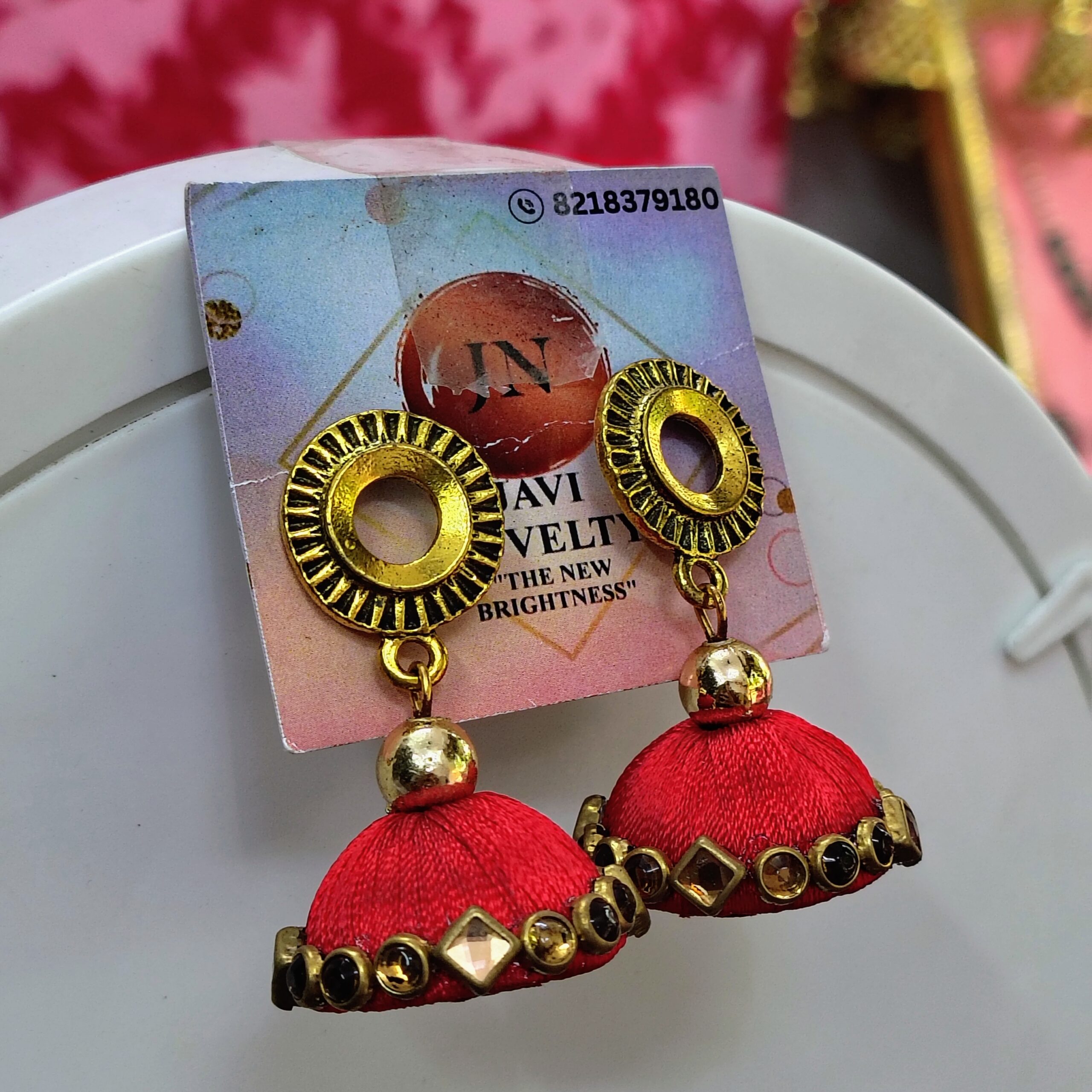 Red Silk Thread Jhumka Earrings with Gold Finish – Traditional Ethnic Jewelry by Javi Novelty, handmade Bareilly Wale jhumke - Image 3