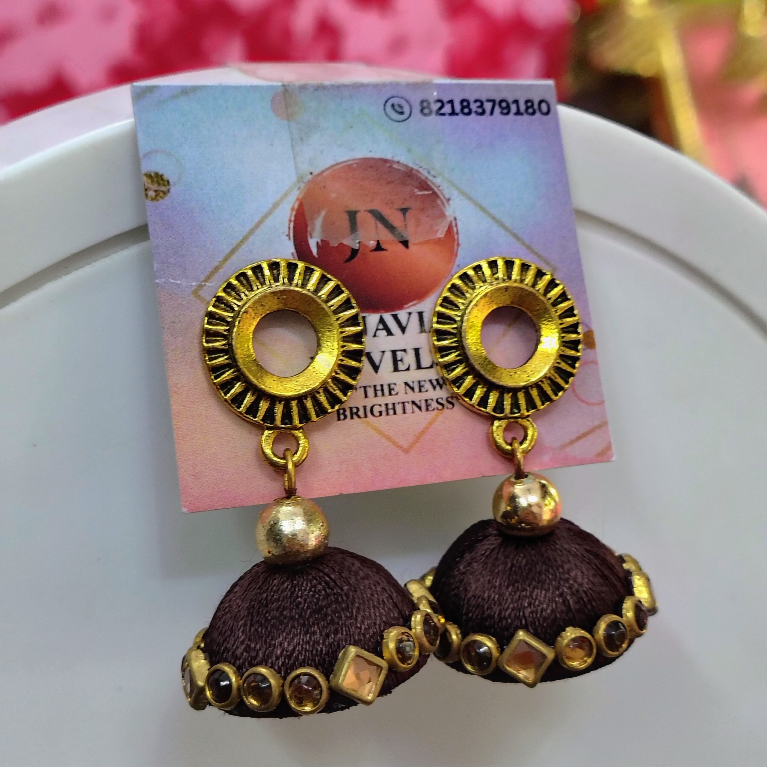 Red Silk Thread Jhumka Earrings with Gold Finish – Traditional Ethnic Jewelry by Javi Novelty, handmade Bareilly Wale jhumke - Image 6