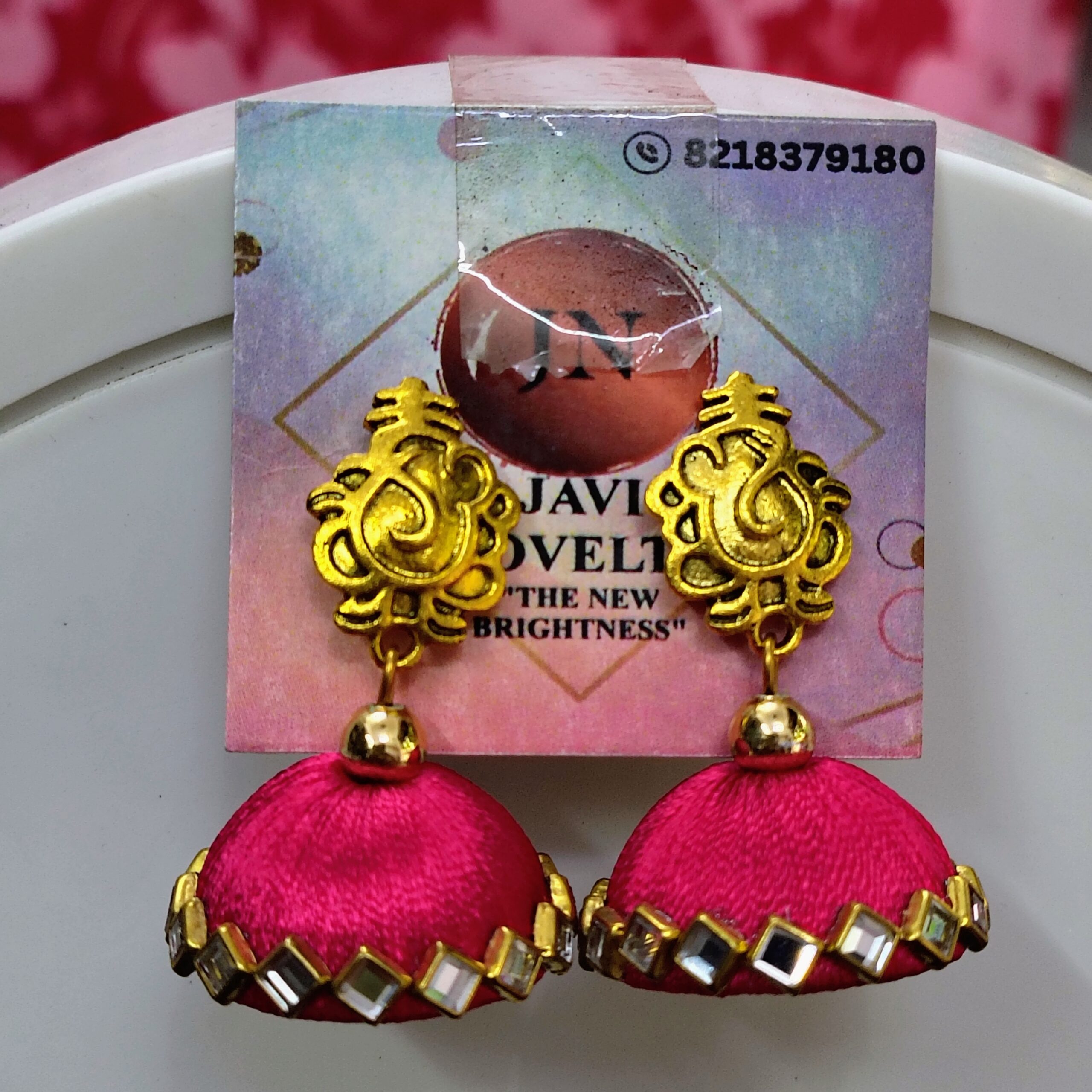 Pink Silk Thread Jhumka Earrings with Antique Gold Finish and Pearl Accent – Javi Novelty, handmade Bareilly Wale jhumke - Image 2