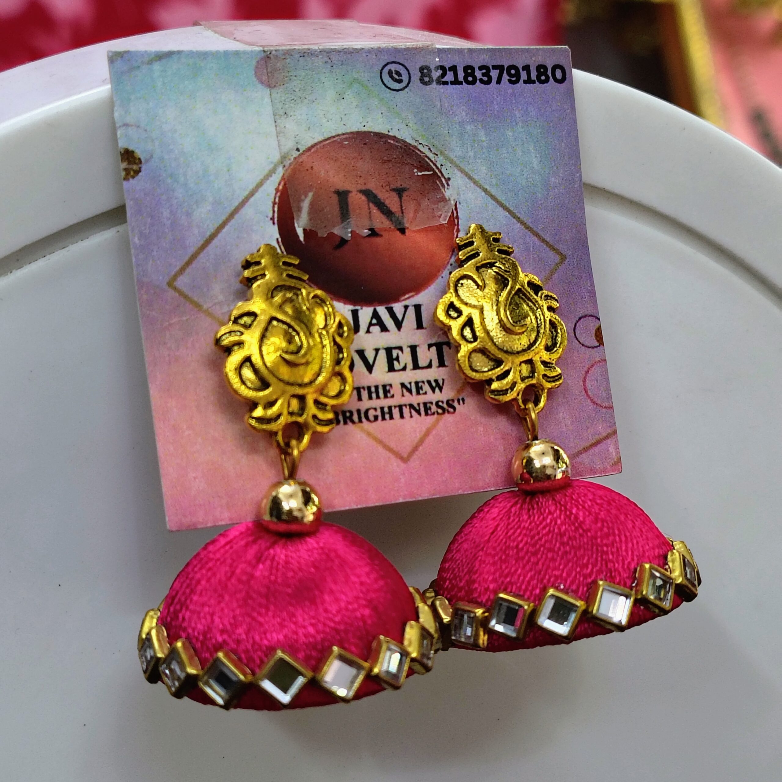 Pink Silk Thread Jhumka Earrings with Antique Gold Finish and Pearl Accent – Javi Novelty, handmade Bareilly Wale jhumke - Image 6