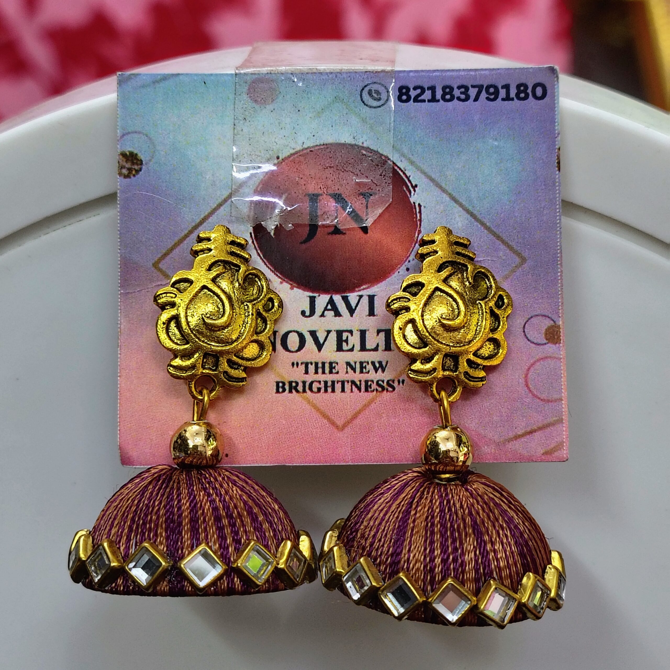 Pink Silk Thread Jhumka Earrings with Antique Gold Finish and Pearl Accent – Javi Novelty, handmade Bareilly Wale jhumke - Image 3