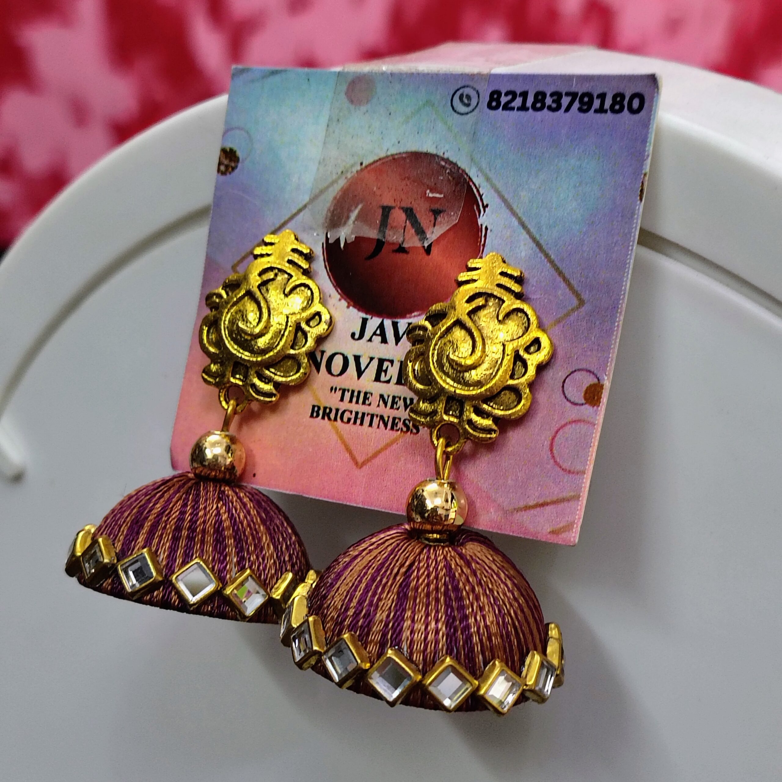 Pink Silk Thread Jhumka Earrings with Antique Gold Finish and Pearl Accent – Javi Novelty, handmade Bareilly Wale jhumke - Image 5