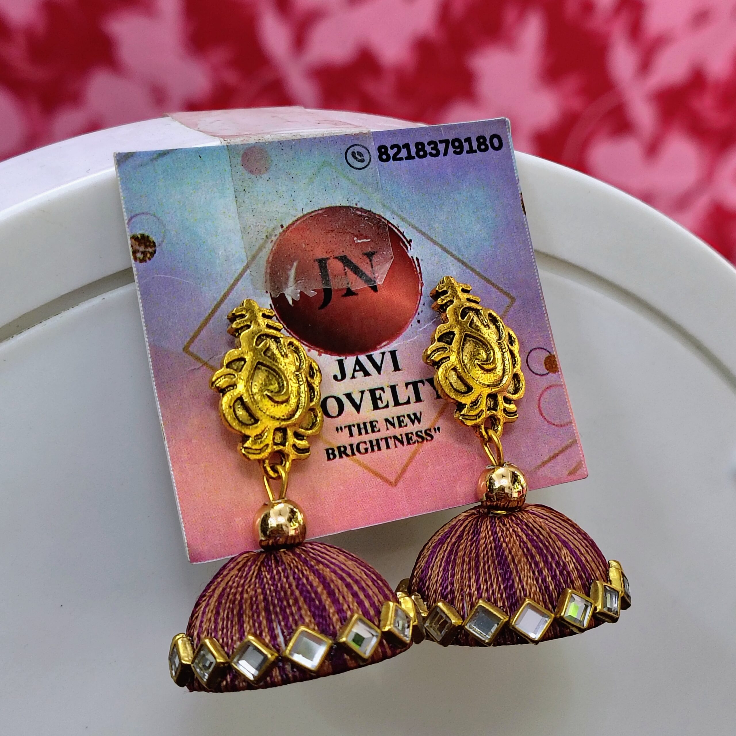 Pink Silk Thread Jhumka Earrings with Antique Gold Finish and Pearl Accent – Javi Novelty, handmade Bareilly Wale jhumke - Image 8
