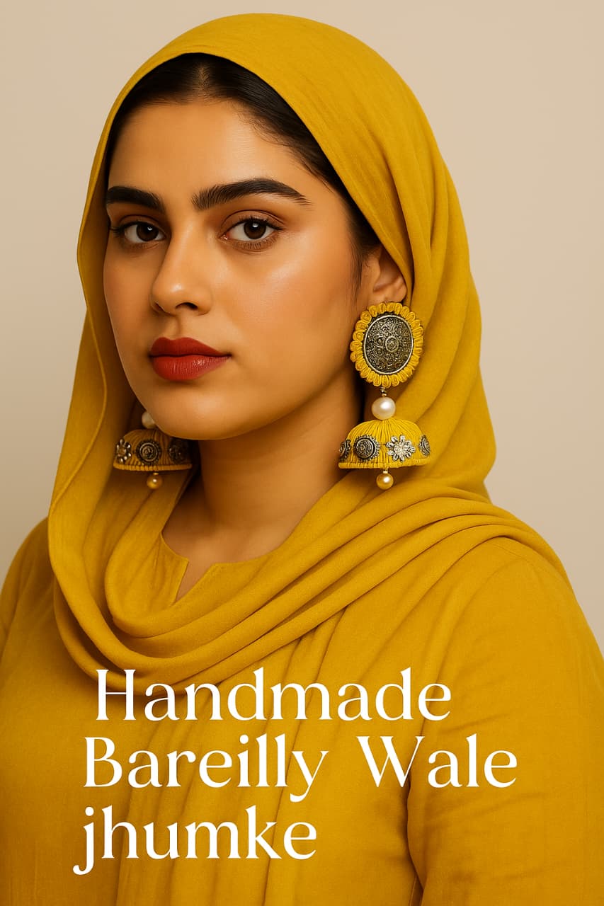 Golden Yellow designerWork Silk Thread Jhumka Earrings with Antique Coin Studs & Pearl Accent