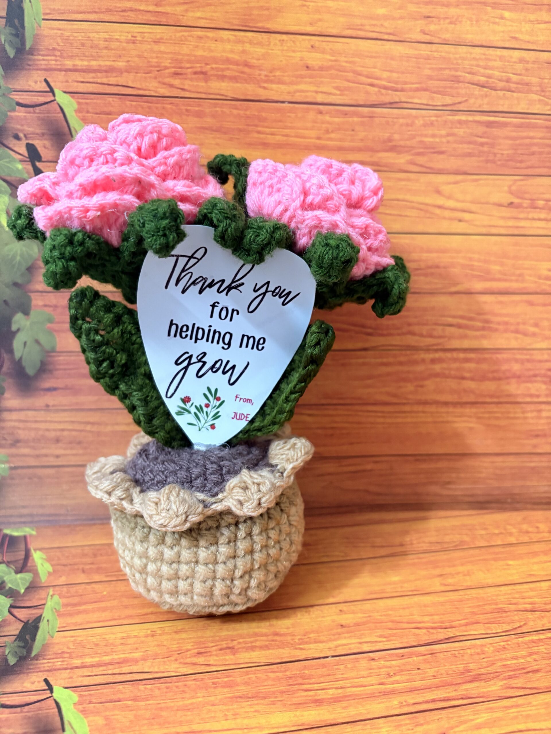 Personalized Handmade Crochet Flower Plant Pot With Message Card | Crochet table top decoration flower pot | Cute Handmade Crochet Rose In Pot