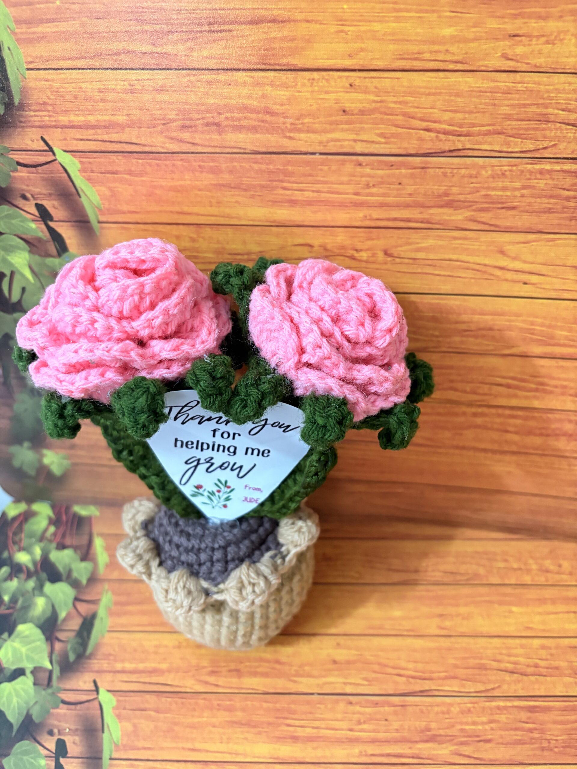 Personalized Handmade Crochet Flower Plant Pot With Message Card | Crochet table top decoration flower pot | Cute Handmade Crochet Rose In Pot - Image 2