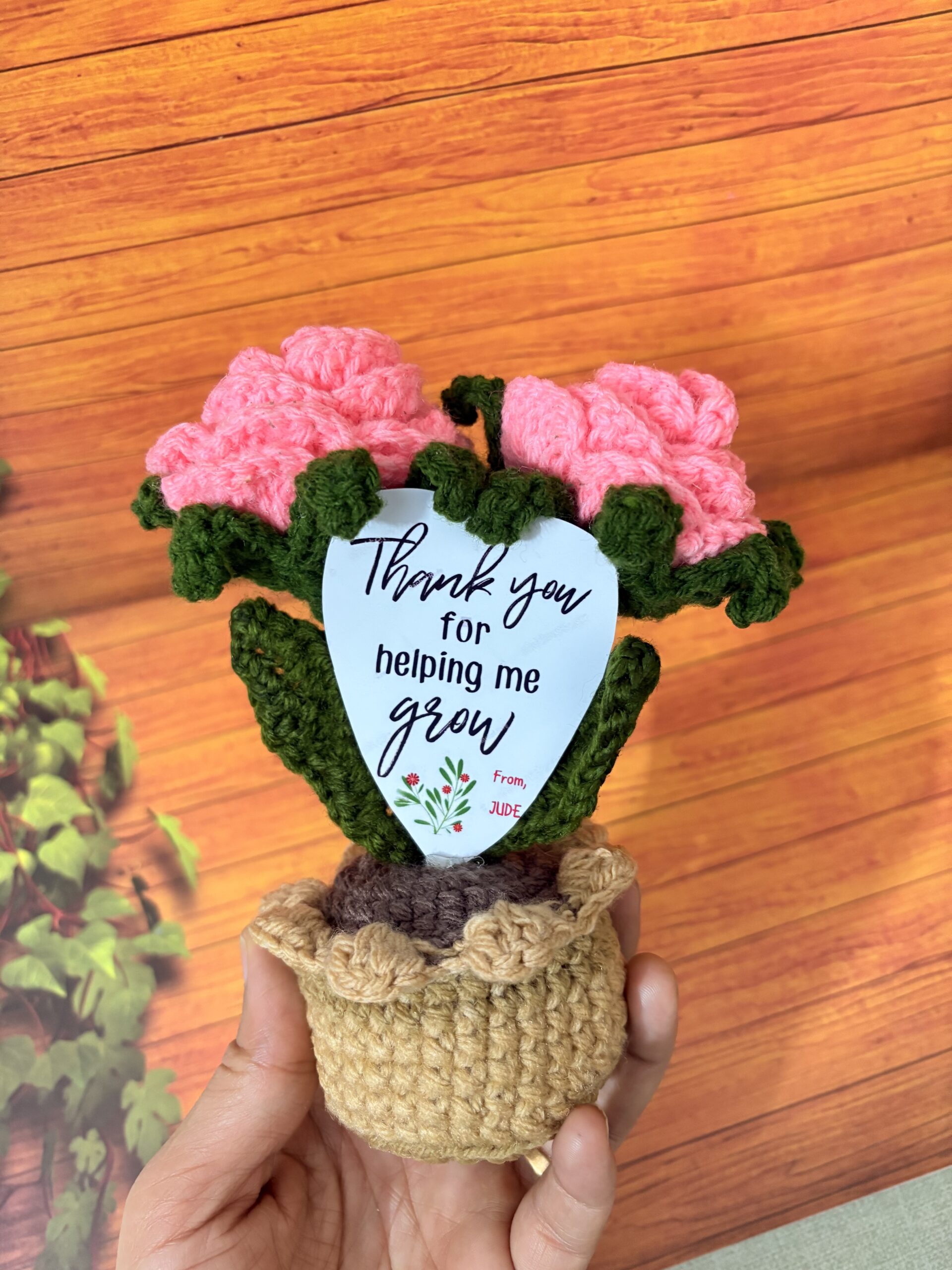 Personalized Handmade Crochet Flower Plant Pot With Message Card | Crochet table top decoration flower pot | Cute Handmade Crochet Rose In Pot - Image 3