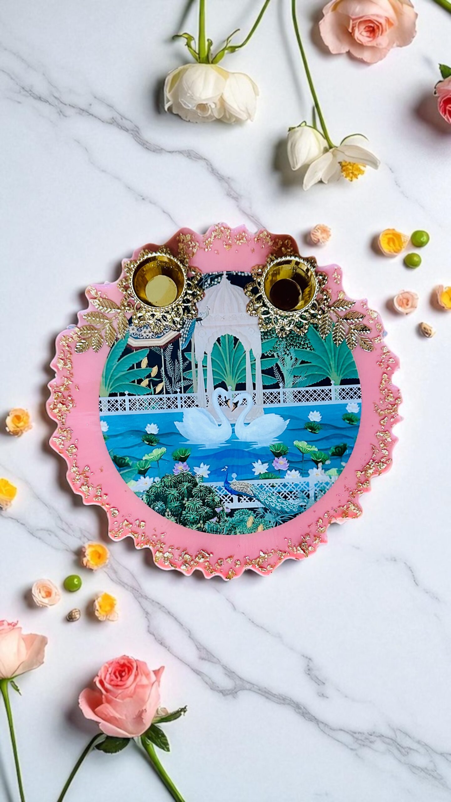 Customizable Resin Pooja Thali | Floral Design with Ganpati & Sanskrit Mantra (8 Inches)