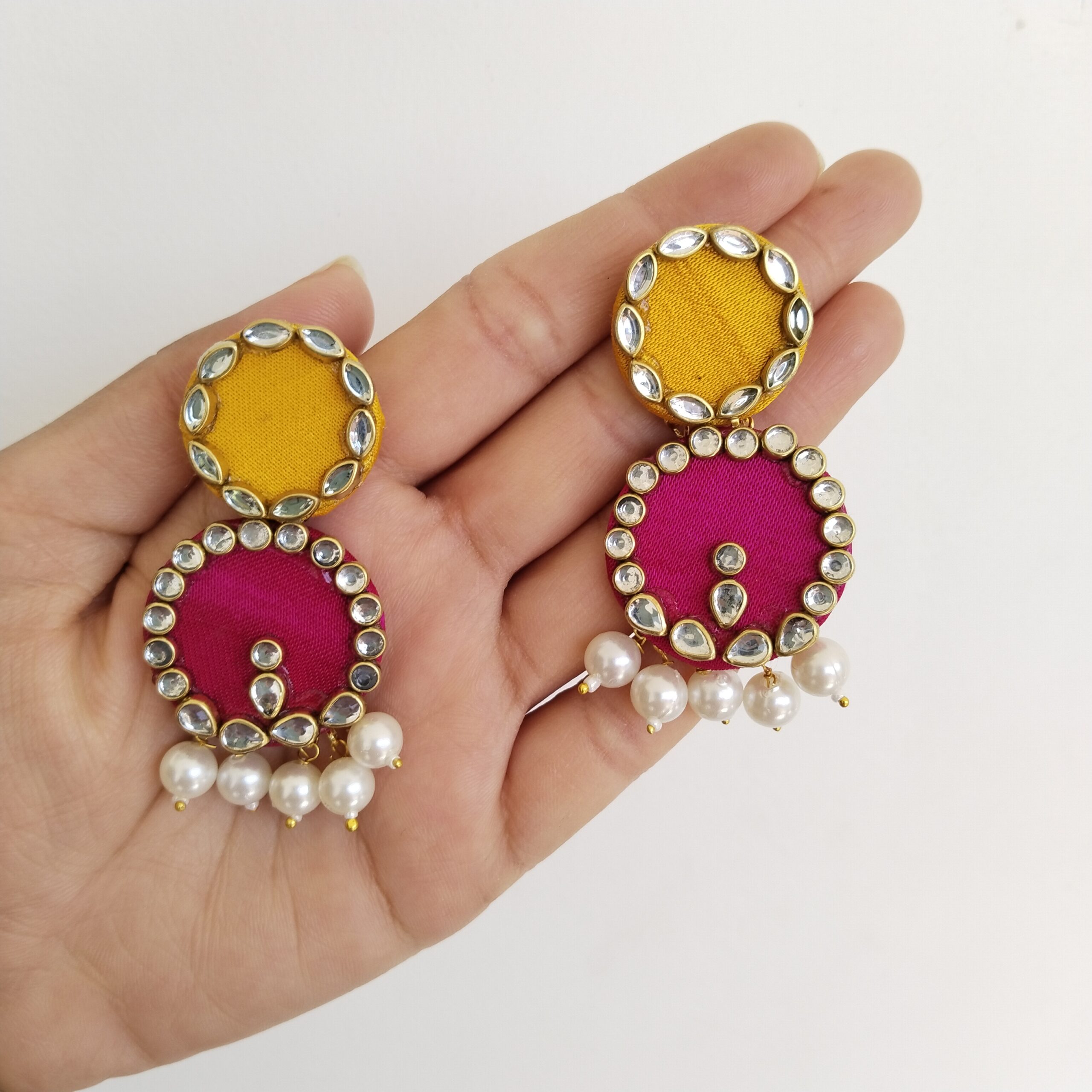 Pink and yellow circular drop earrings with kundan | Handmade Fabric Earrings for Women & Girls