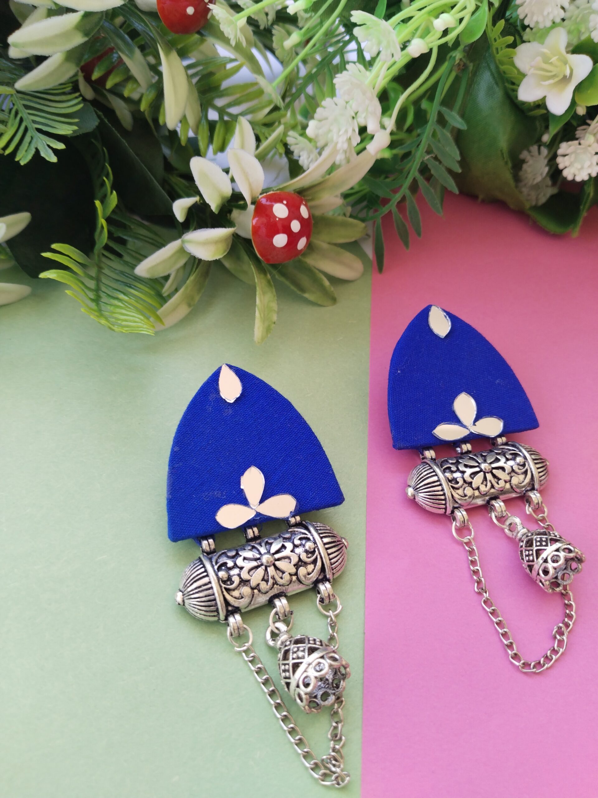 Blue Mirror Kundan Oxidized Jhumka With Chain