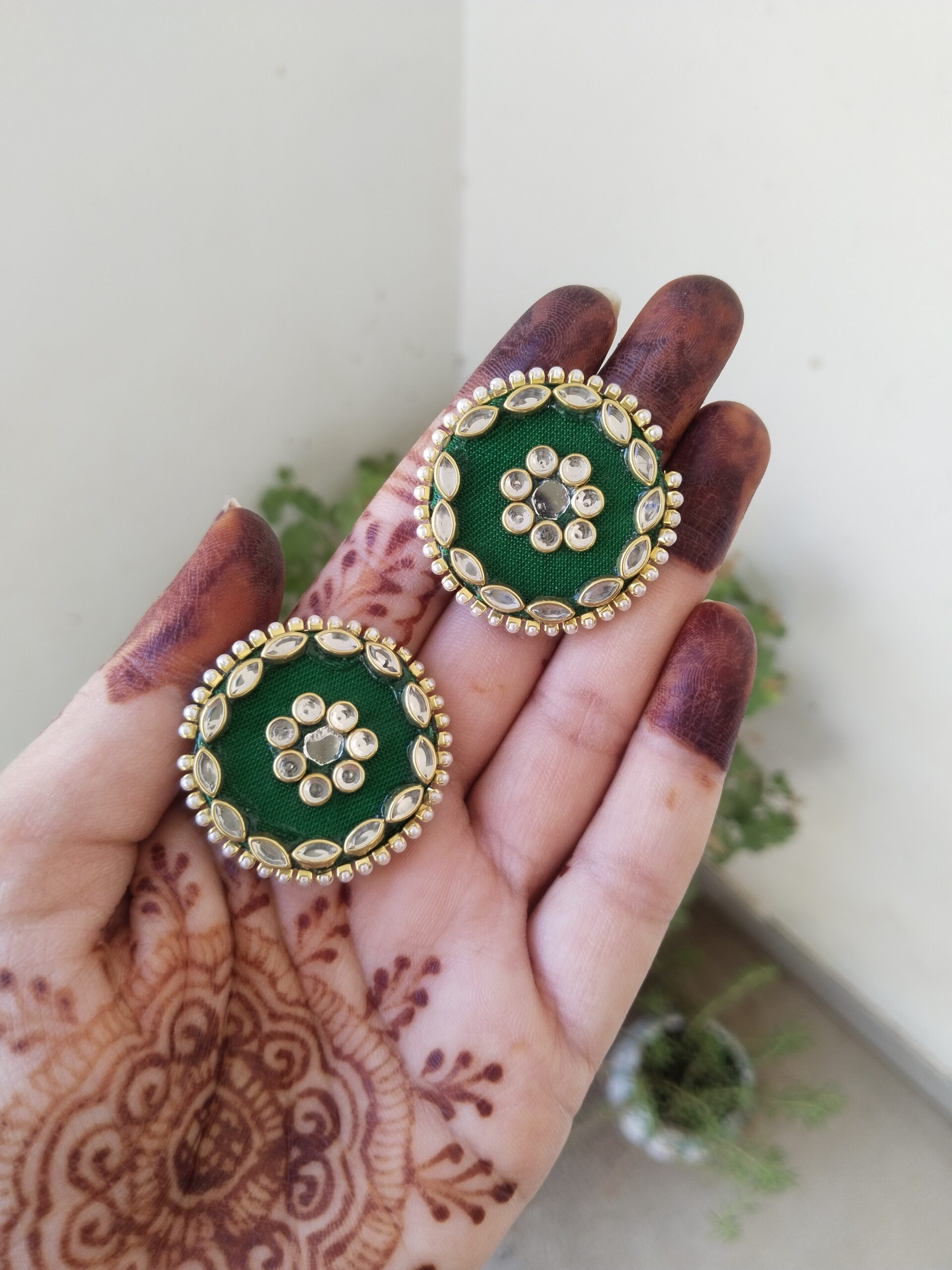 Handmade Green Colour Stud Earrings for Women | Small, Light Weight, Trendy Earrings | Round Earrings