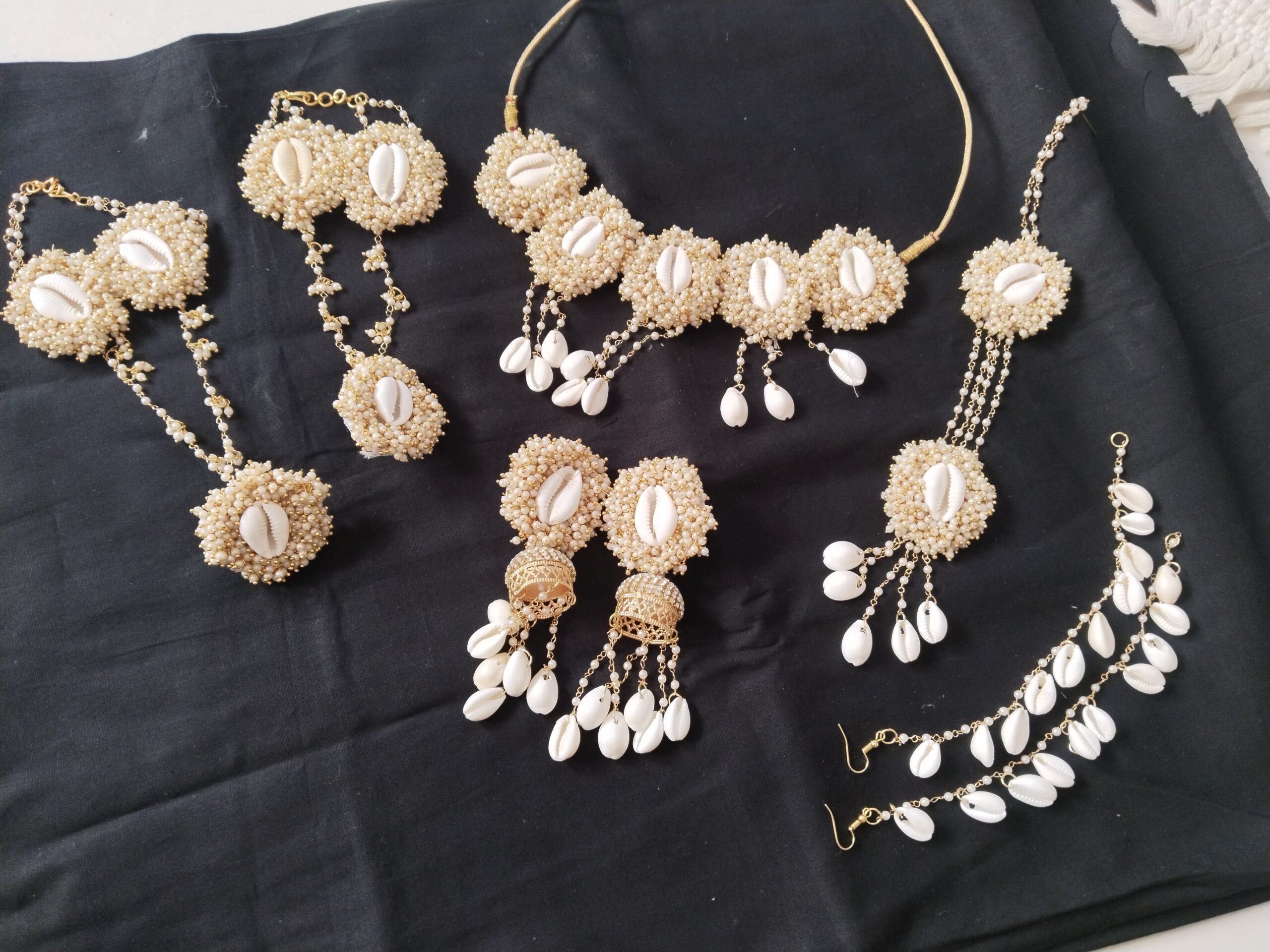 Handmade Haldi Jewellery Set | Shell Shankh Motifs Complete Jewelery Set (White) for Haldi Mehendi Ceremony Wedding and All Other Events - Image 2