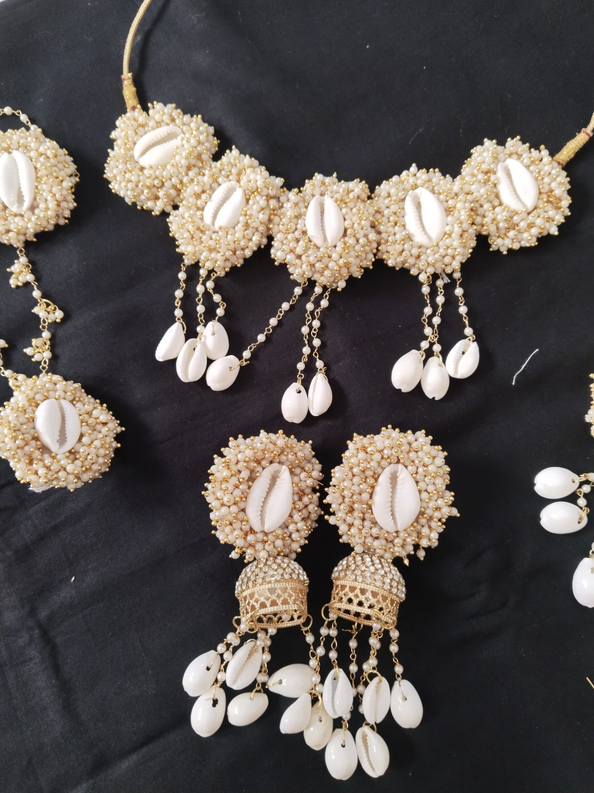 Handmade Haldi Jewellery Set | Shell Shankh Motifs Complete Jewelery Set (White) for Haldi Mehendi Ceremony Wedding and All Other Events