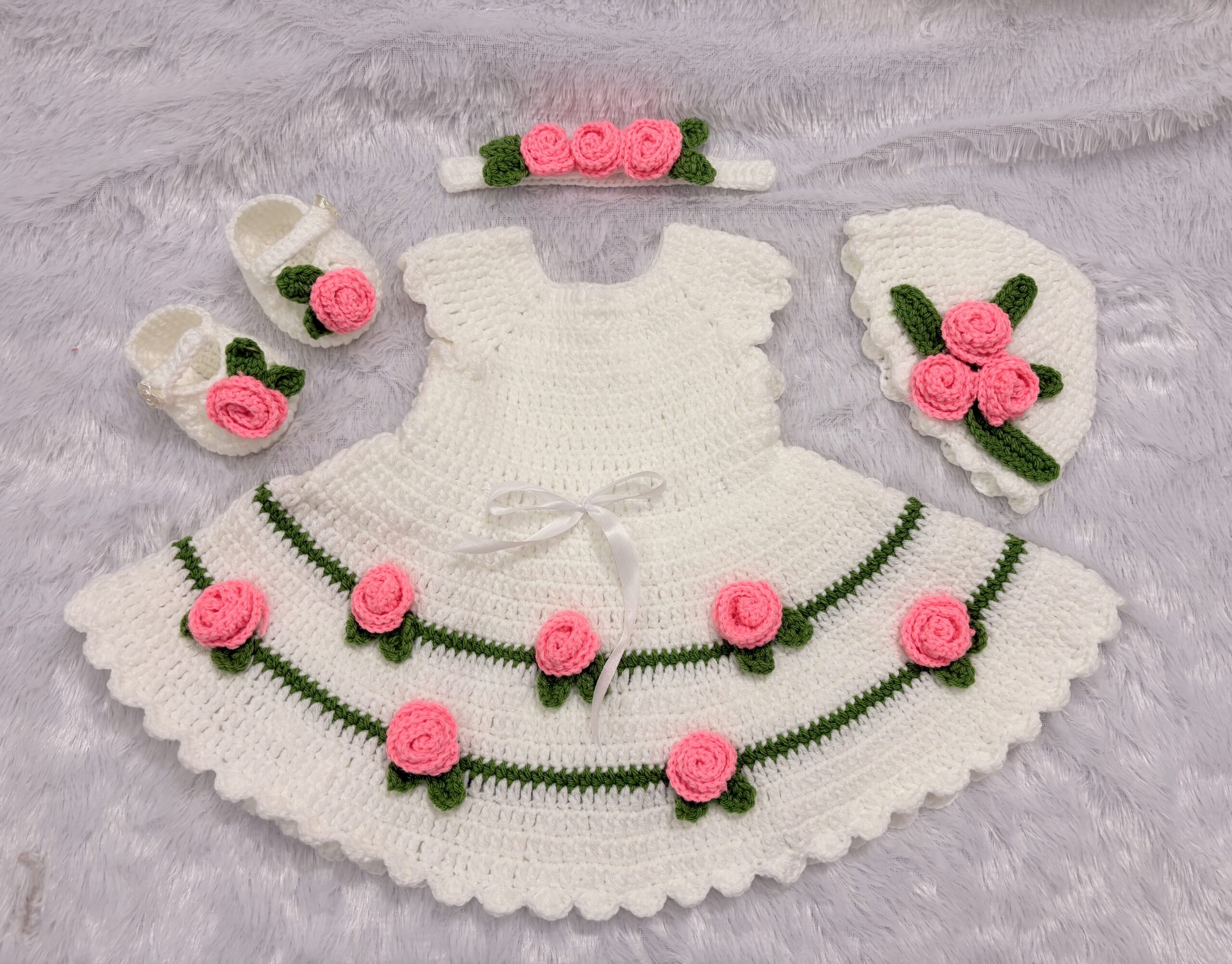 Crochet baby girl frock, beanie, shoes and headband set / handmade gift hamper for baby/ baby girl dress set for baptism