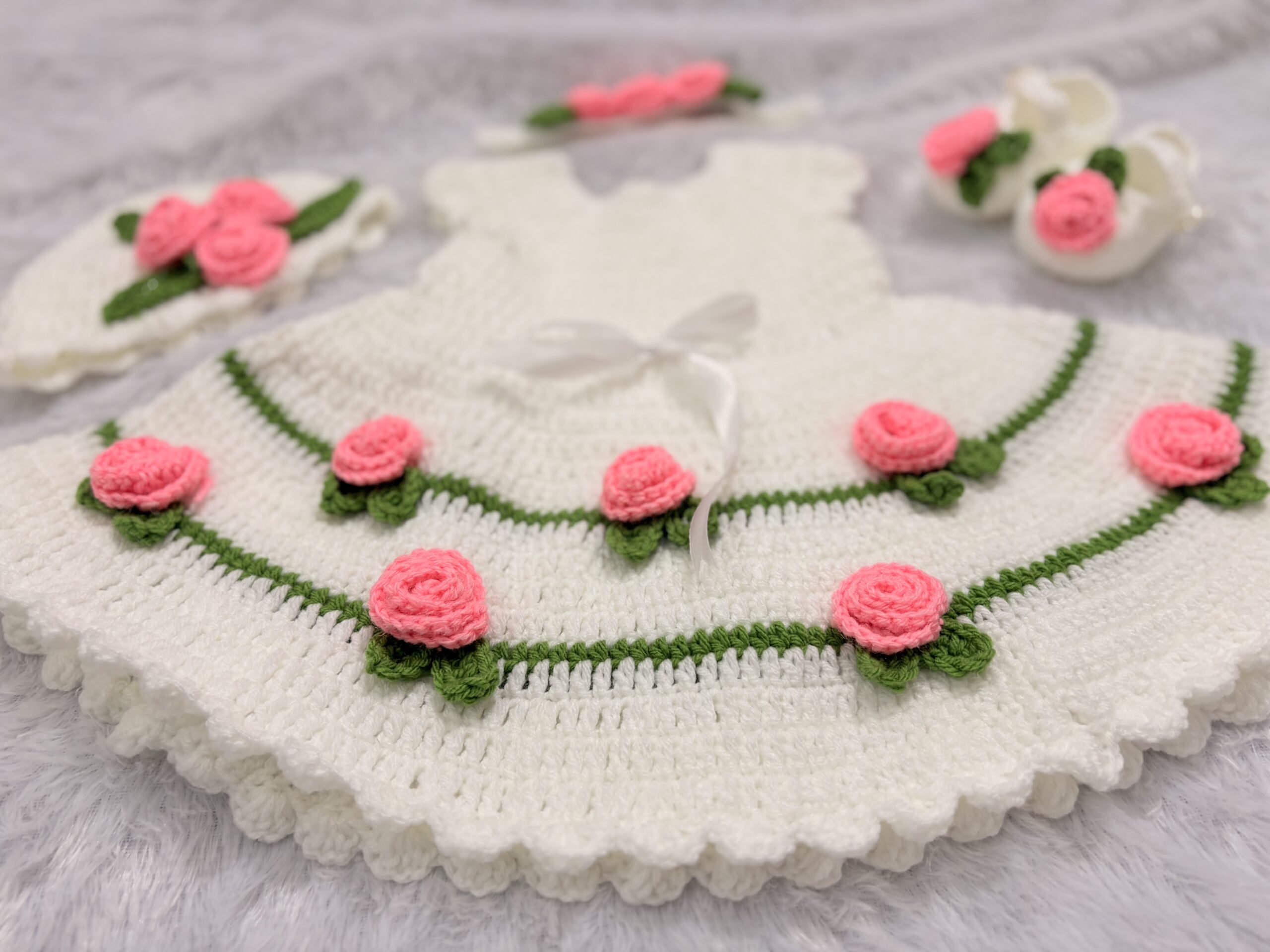 Crochet baby girl frock, beanie, shoes and headband set / handmade gift hamper for baby/ baby girl dress set for baptism - Image 5