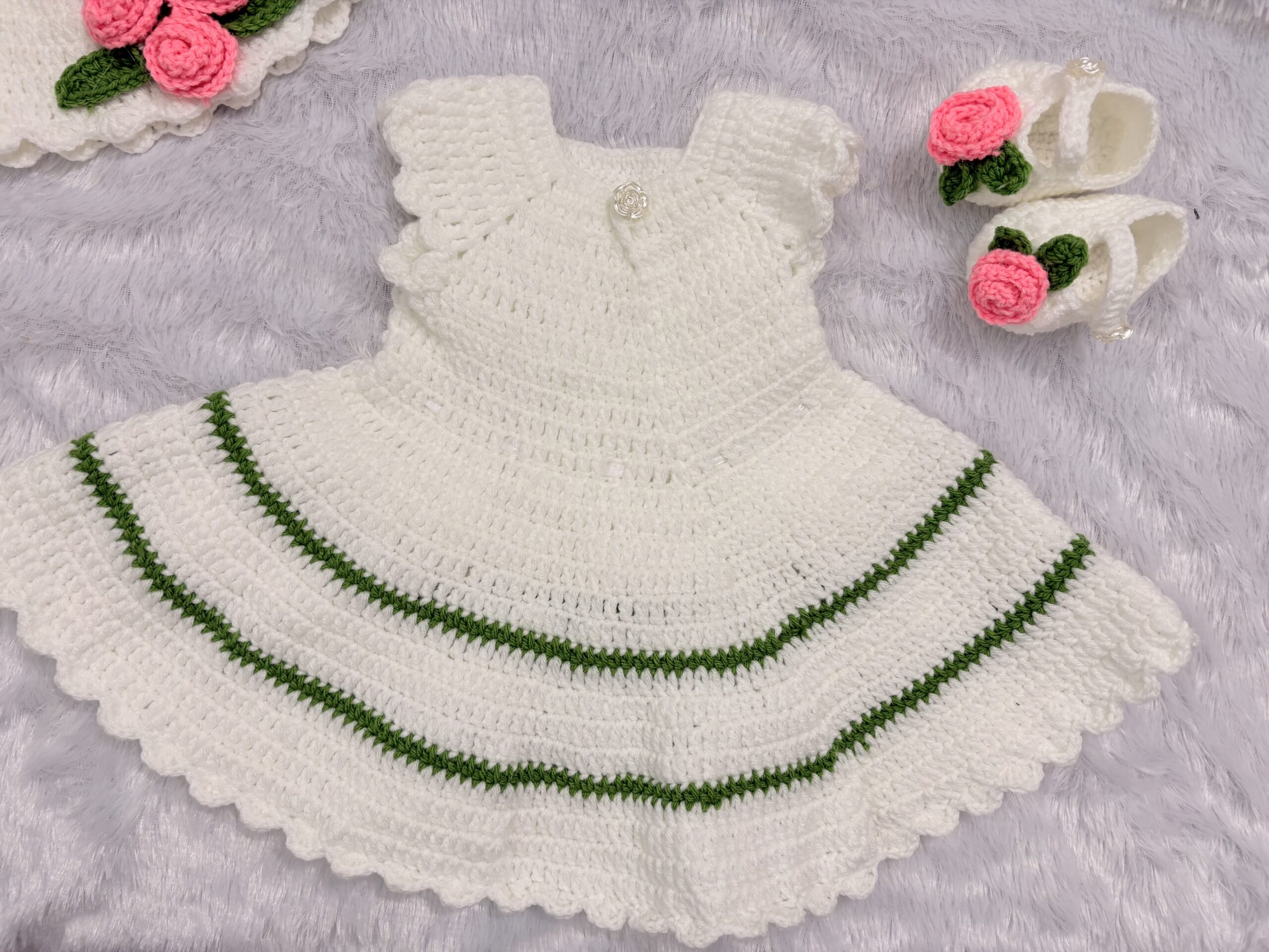Crochet baby girl frock, beanie, shoes and headband set / handmade gift hamper for baby/ baby girl dress set for baptism - Image 6