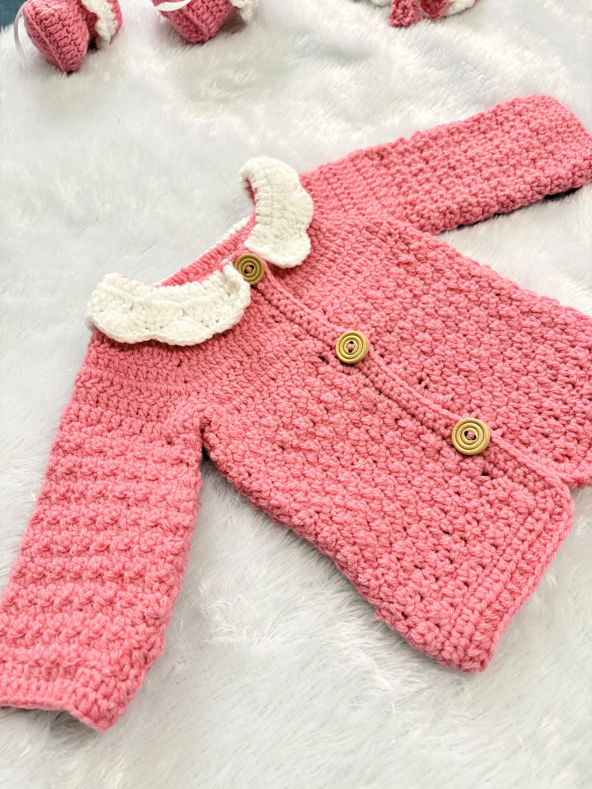 Crochet baby girl sweater, shoes and beanie set - Image 2