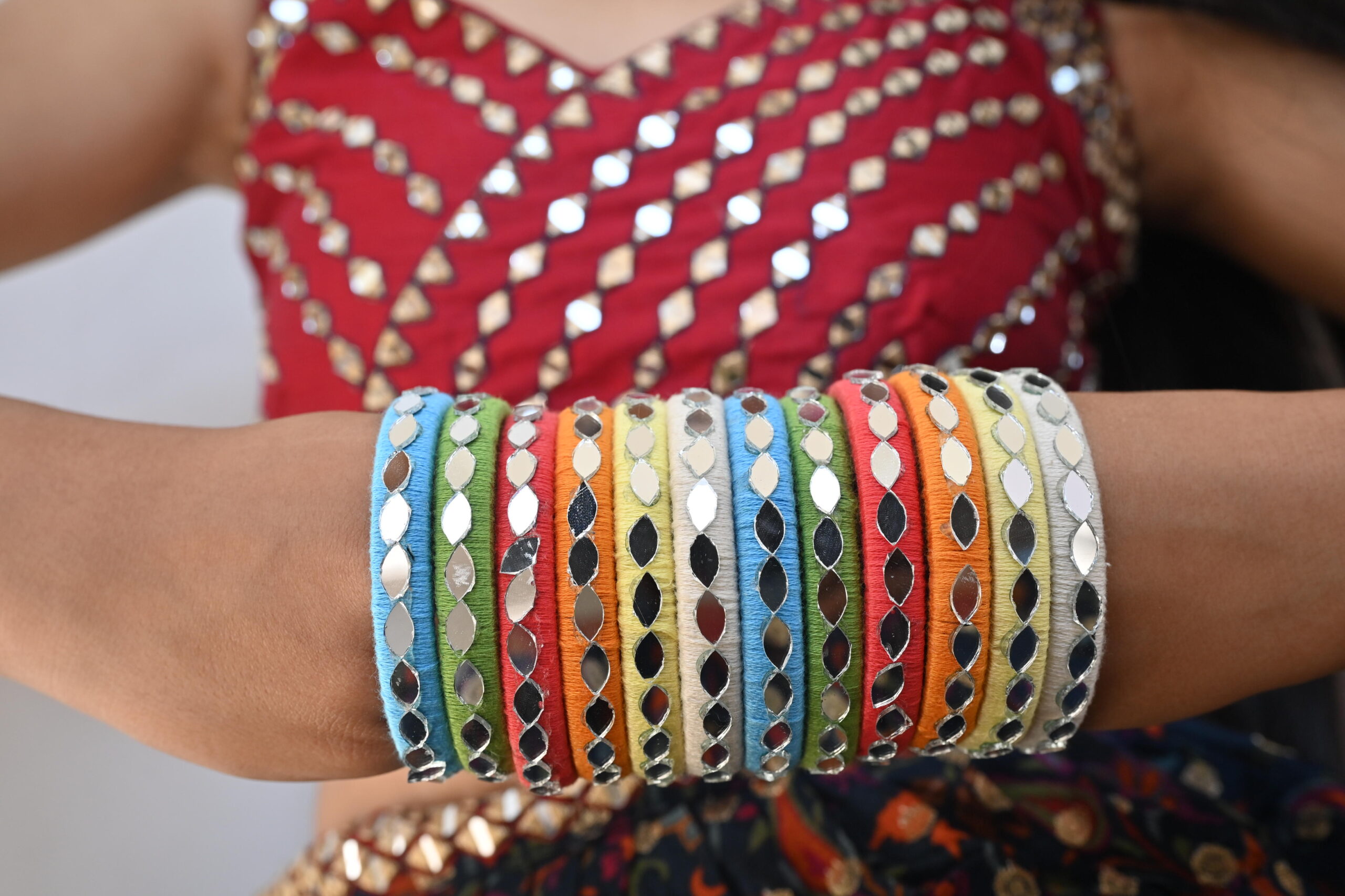 Cotton Multicolor Mirror Set of 12 fabric bangles | Cotton Thread Bangles Set | Handmade Cotton Dori Bangle Set for Women & Girls - Image 2