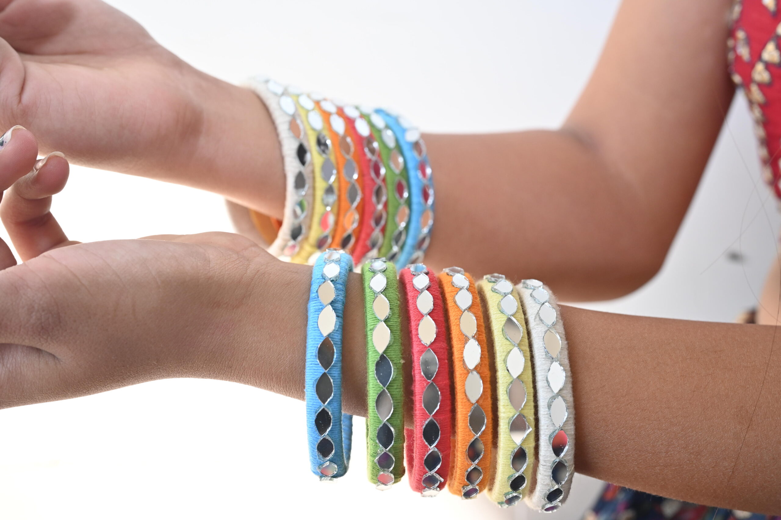 Cotton Multicolor Mirror Set of 12 fabric bangles | Cotton Thread Bangles Set | Handmade Cotton Dori Bangle Set for Women & Girls
