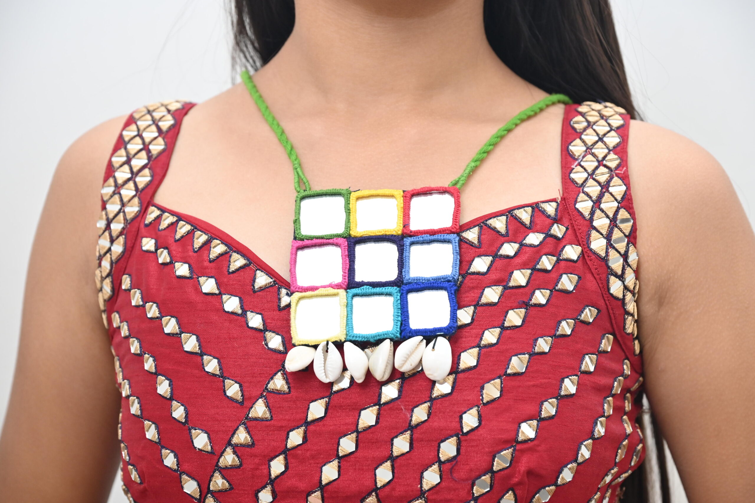 Handmade Mirror Necklace | handmade multicolored necklace | Fabric Jewellery | Navratri Necklace