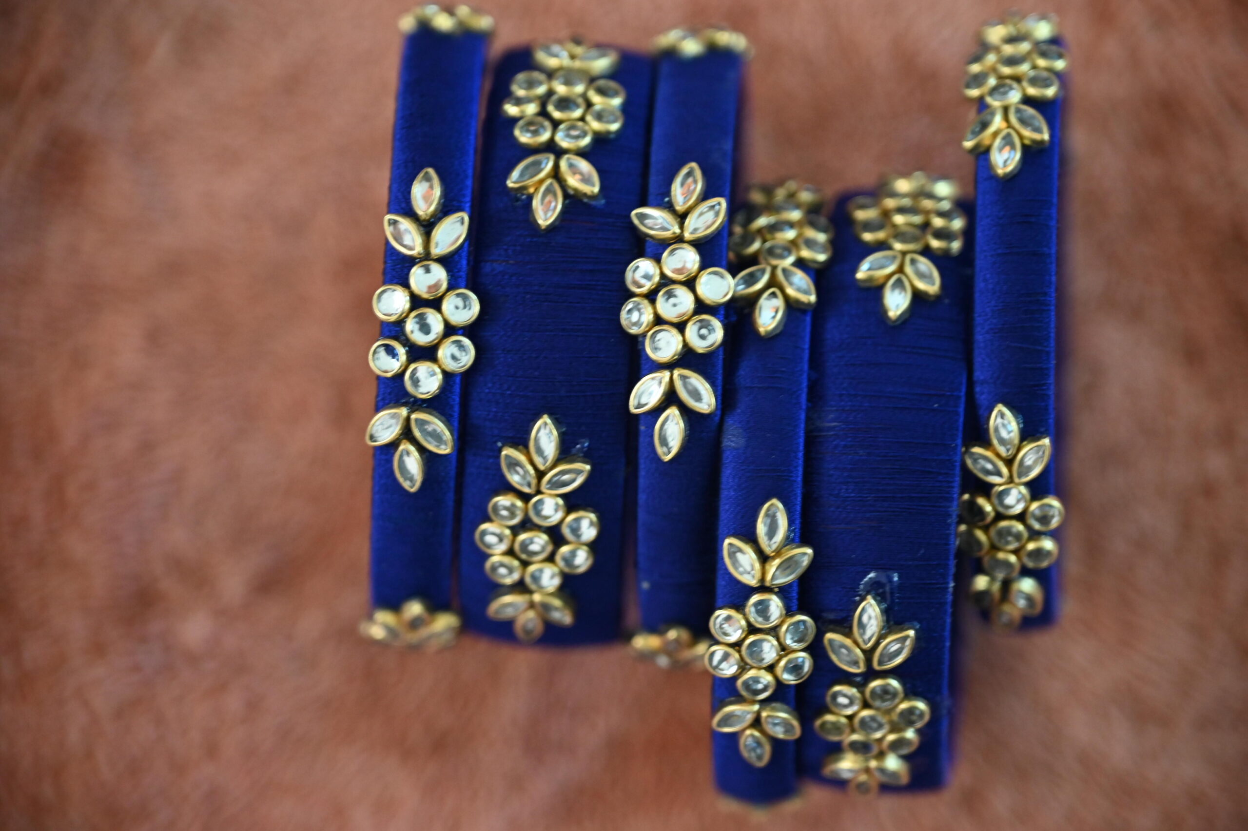 Handcrafted Silk Thread Bangles, Royal Blue with Floral Design, Traditional Indian Jewellery