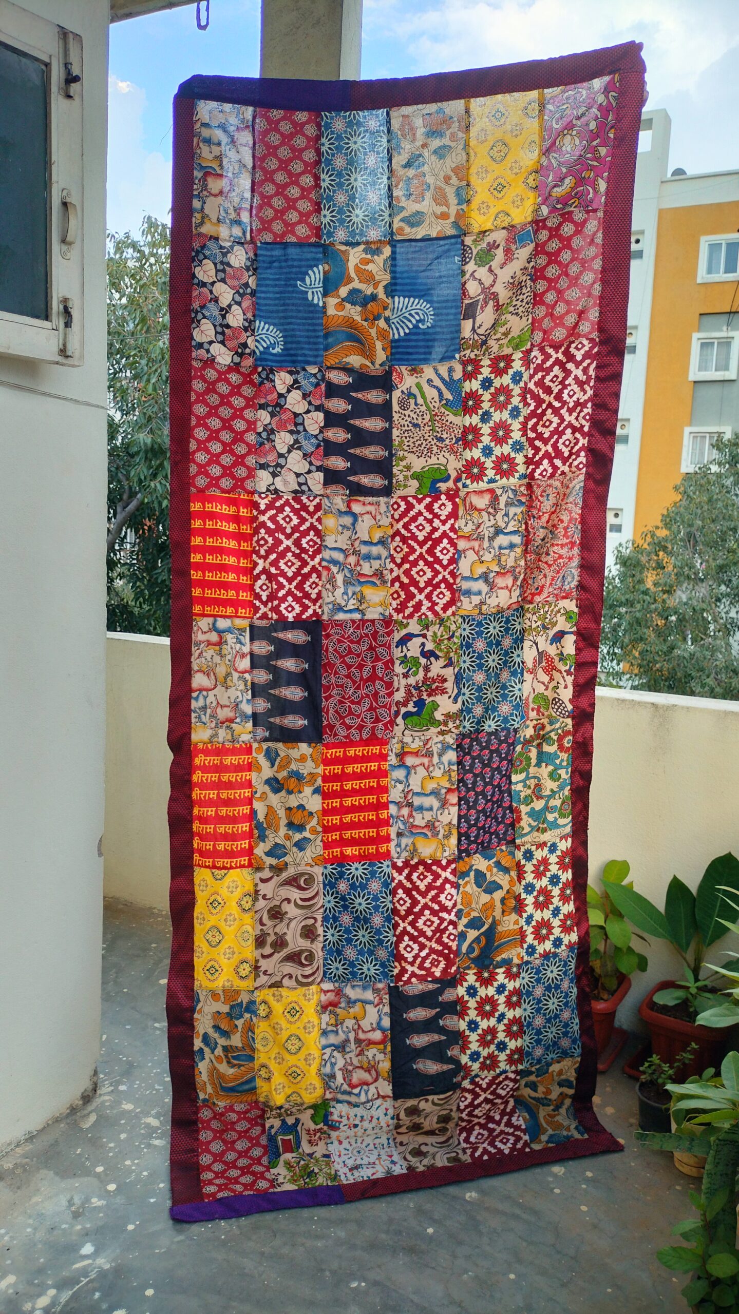 Patchwork Dupatta | Multicolour - Patchwork Stole for Women with Maroon brocade border