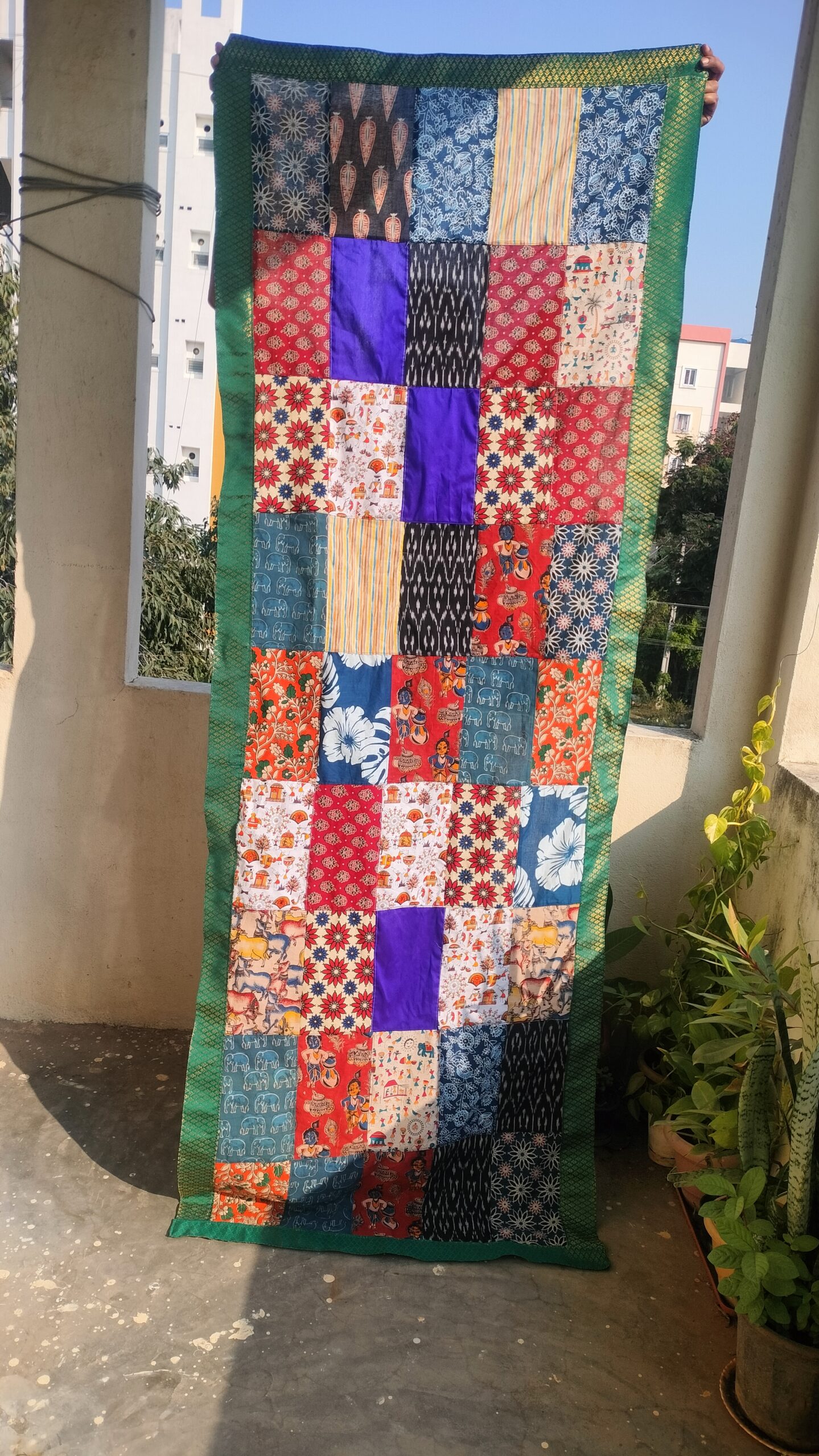 Patchwork Dupatta | Multicolour - Handmade Patchwork Stole for Women with Sea green brocade border