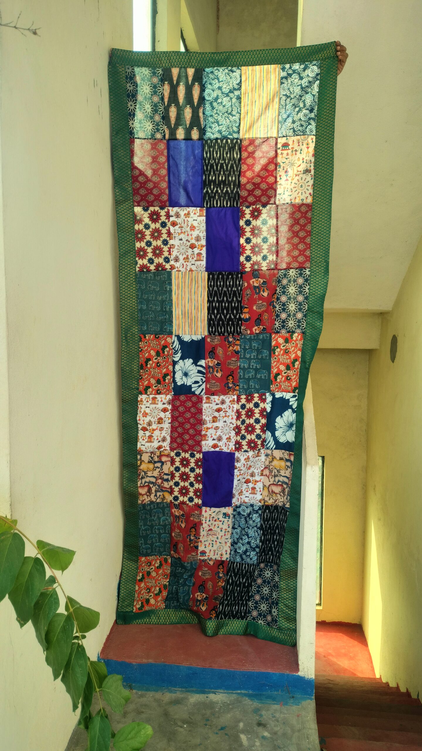 Patchwork Dupatta | Multicolour - Handmade Patchwork Stole for Women with Sea green brocade border - Image 2