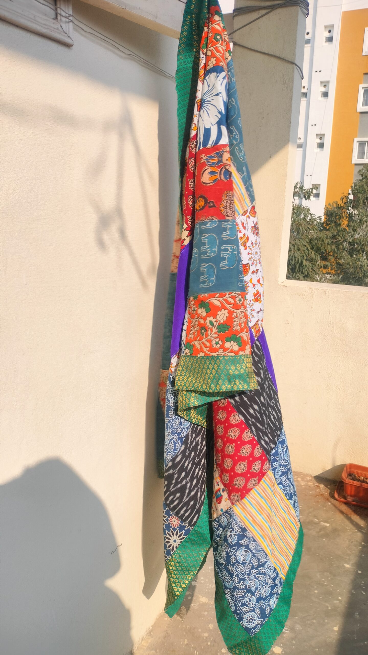 Patchwork Dupatta | Multicolour - Handmade Patchwork Stole for Women with Sea green brocade border - Image 4