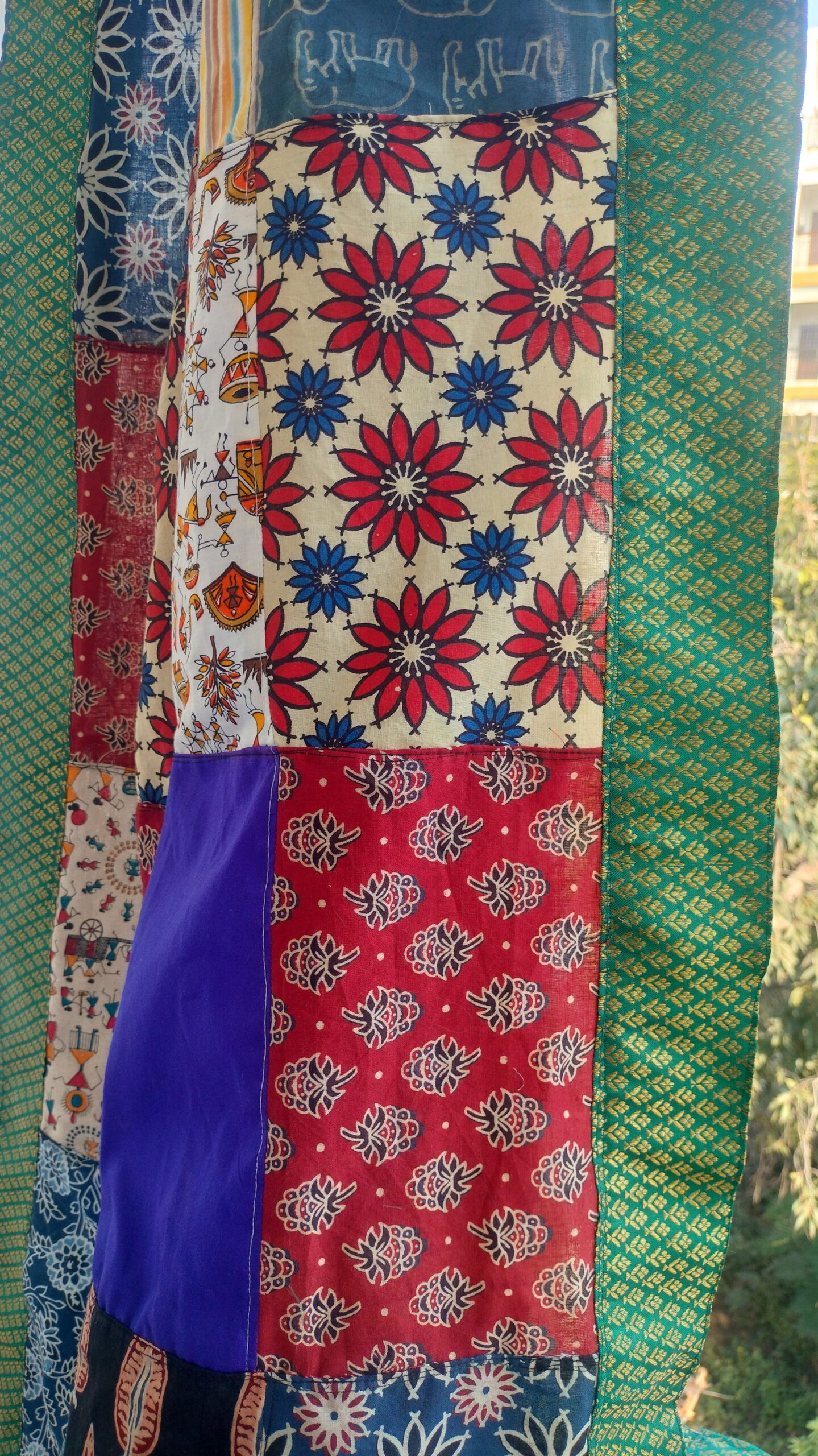 Patchwork Dupatta | Multicolour - Handmade Patchwork Stole for Women with Sea green brocade border - Image 5