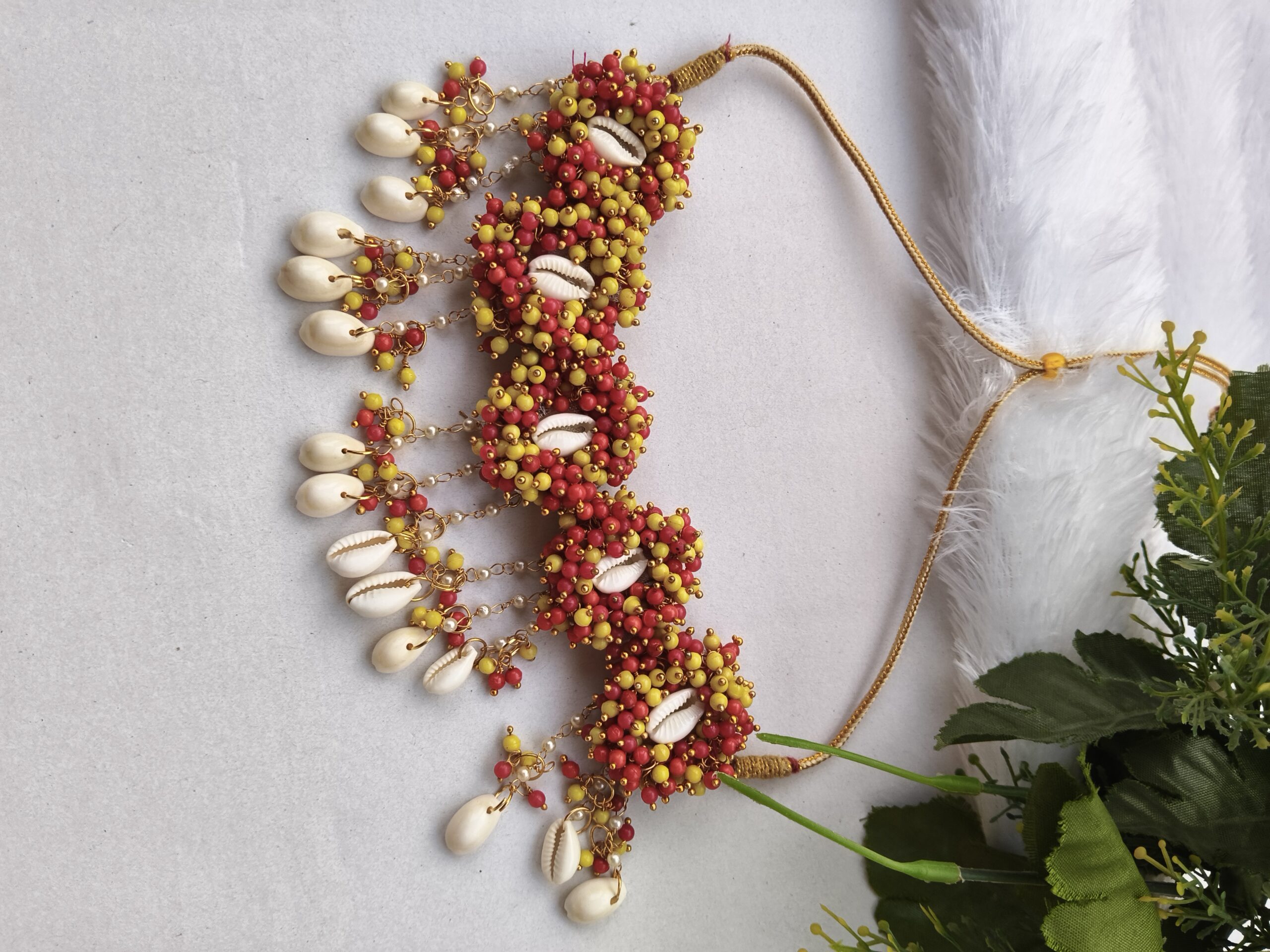 Handmade Surajmukhi haldi set in red yellow pearls with shells - Image 3