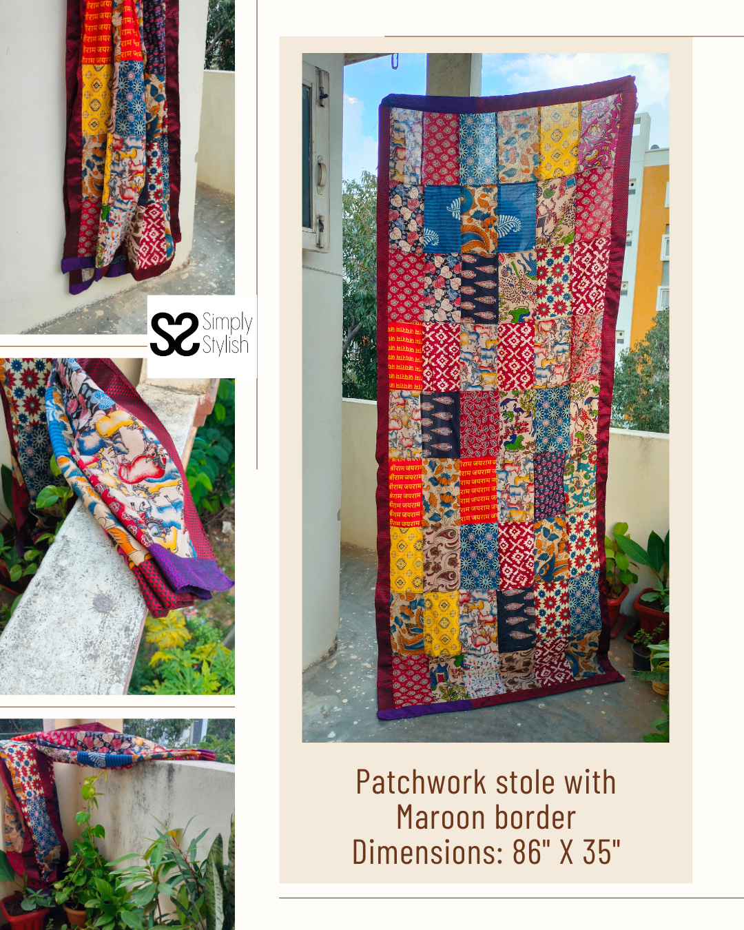 Patchwork Dupatta | Multicolour - Patchwork Stole for Women with Maroon brocade border - Image 5