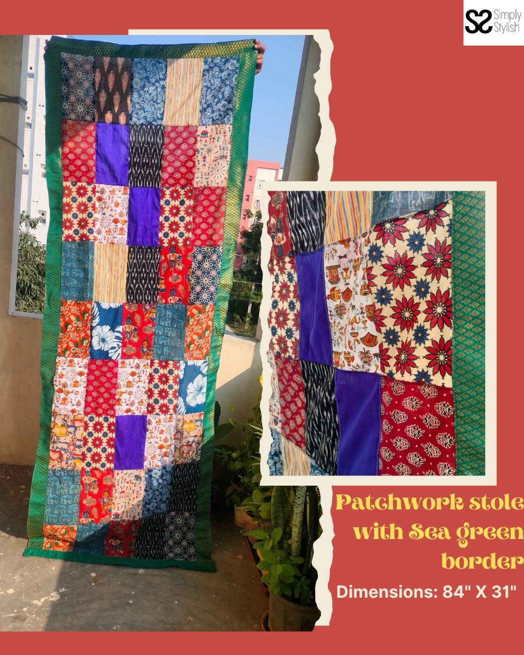 Patchwork Dupatta | Multicolour - Handmade Patchwork Stole for Women with Sea green brocade border - Image 3