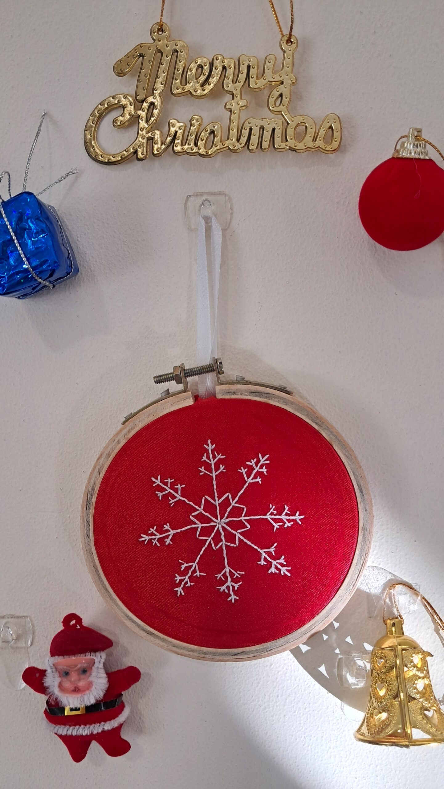 Hand embroidery christmas ornaments, snow flake hand embroidered on Red satin fabric with white thread, backside finished with felt fabric with satin ribbon at top for hanging