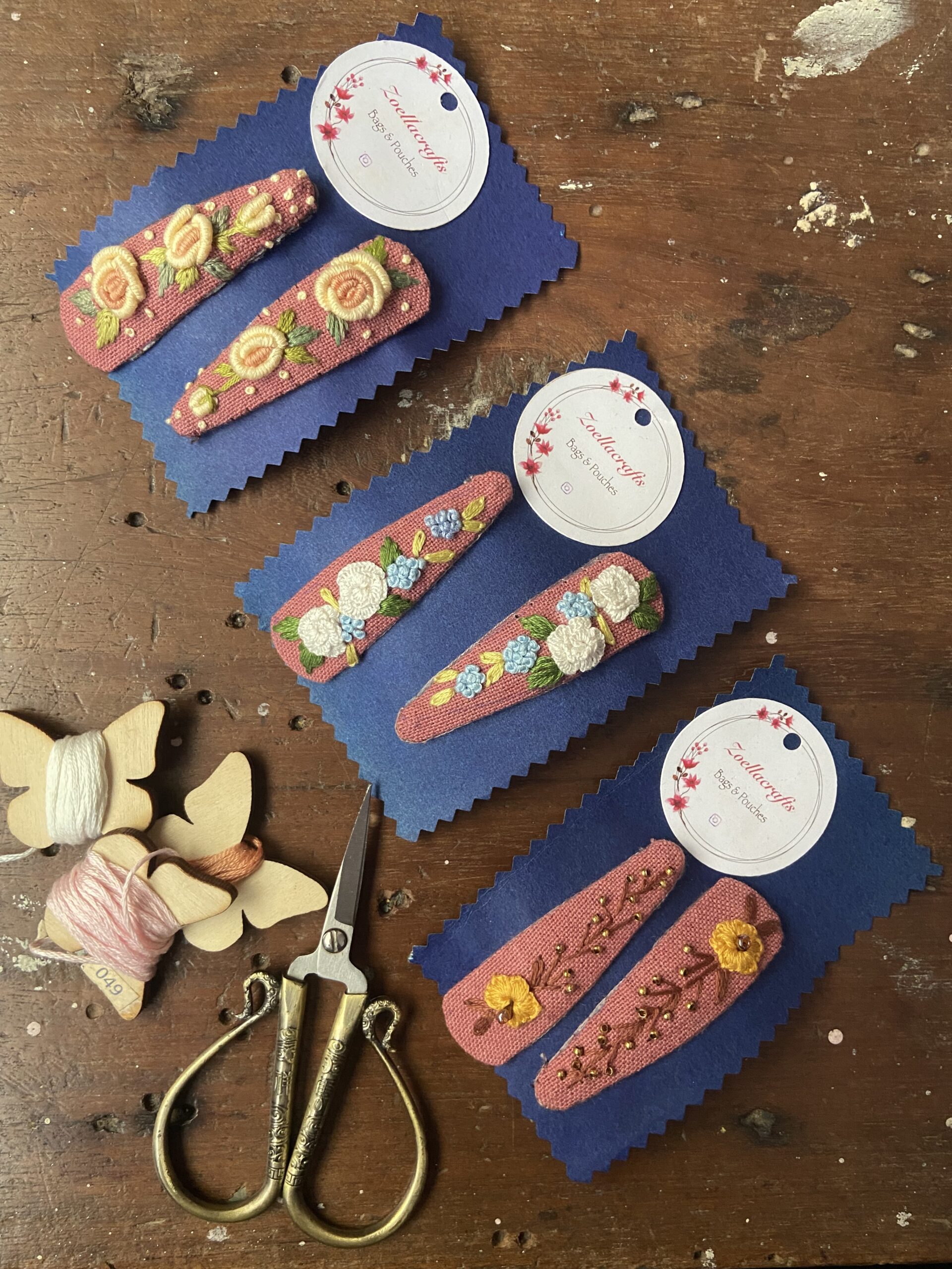 3 Pairs of Women Set of 2 Tic-Tac Clips | Hand Embroidered Hair Clip Tic Tac Clip - Hair Clip | Floral Embroidered Hair Clips, Flower Hair Clips Handmade, Bridesmaid Gift, Cute Hair Clip, Unique Gift For Girlfriend, Gift for her