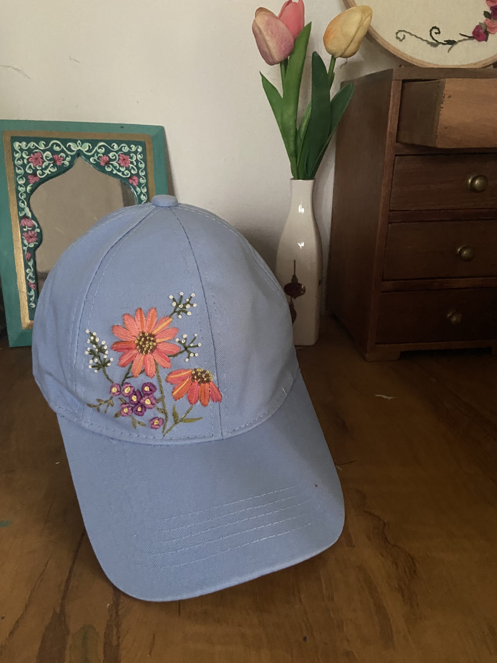 Hand Embroidered Floral Baseball Cap | Flower embroidery women baseball cap, hand stitched hat with wildflowers, unique floral embroidery design, handmade cap